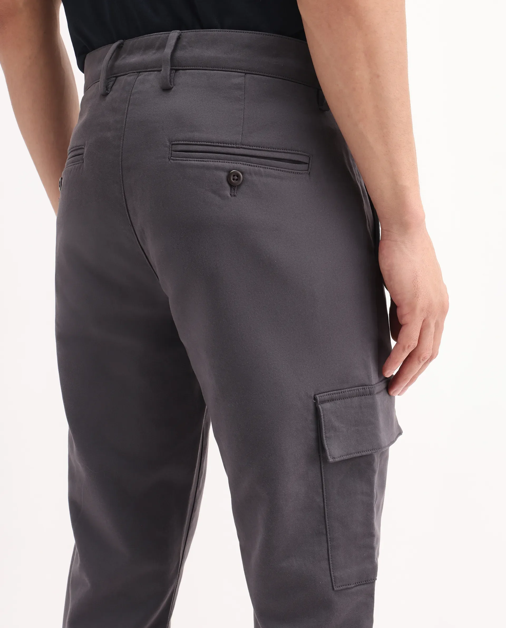 Rare Rabbit Men's Aero Dark Grey Cotton Blend Plain Relaxed Fit Trouser - Image 4