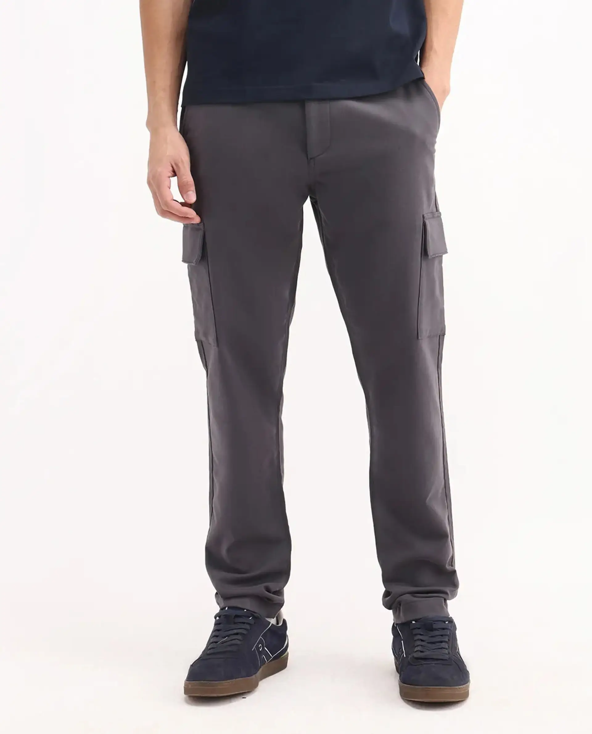 Rare Rabbit Men's Aero Dark Grey Cotton Blend Plain Relaxed Fit Trouser - Image 8