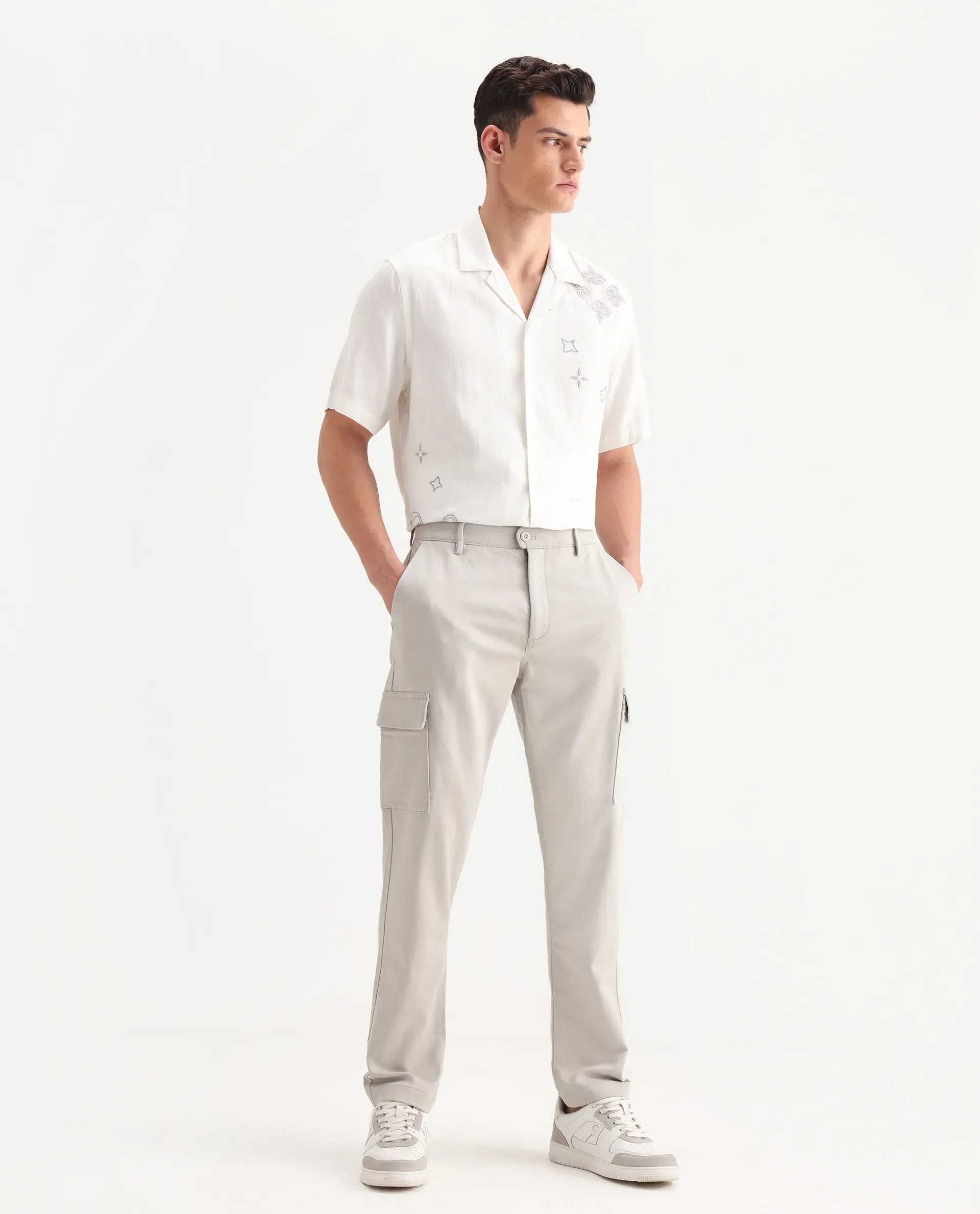 Rare Rabbit Men's Aero Light Grey Cotton Blend Plain Relaxed Fit Trouser