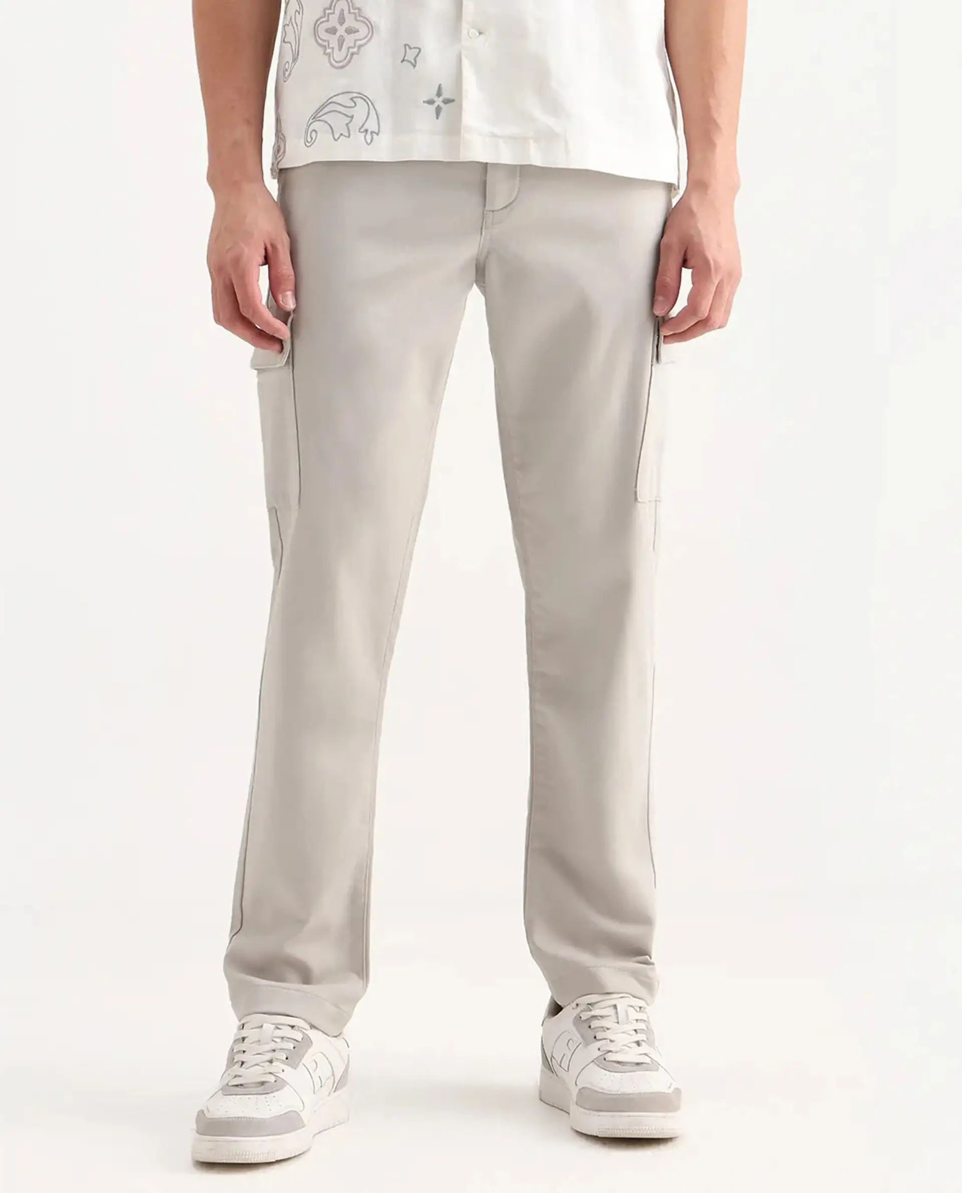 Rare Rabbit Men's Aero Light Grey Cotton Blend Plain Relaxed Fit Trouser - Image 9