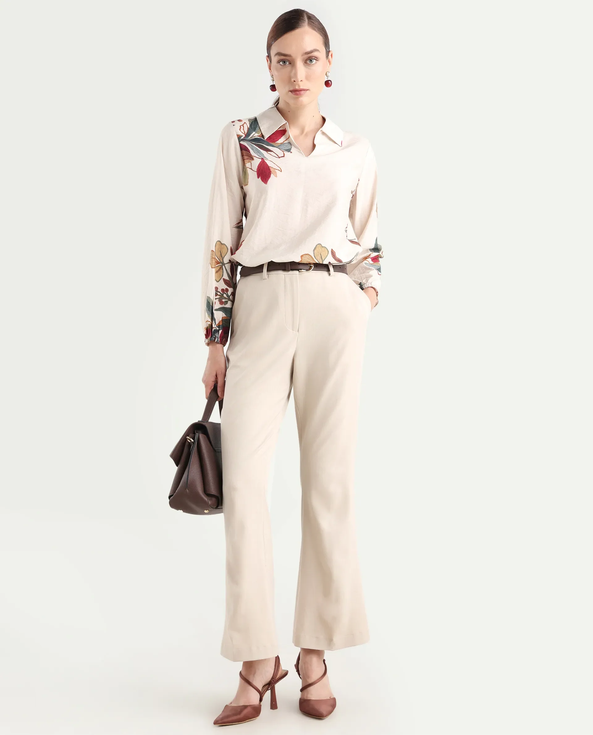 Rareism Women's Aero Beige Viscose Blend Spread Collar Regular Abstract Print Top - Image 2