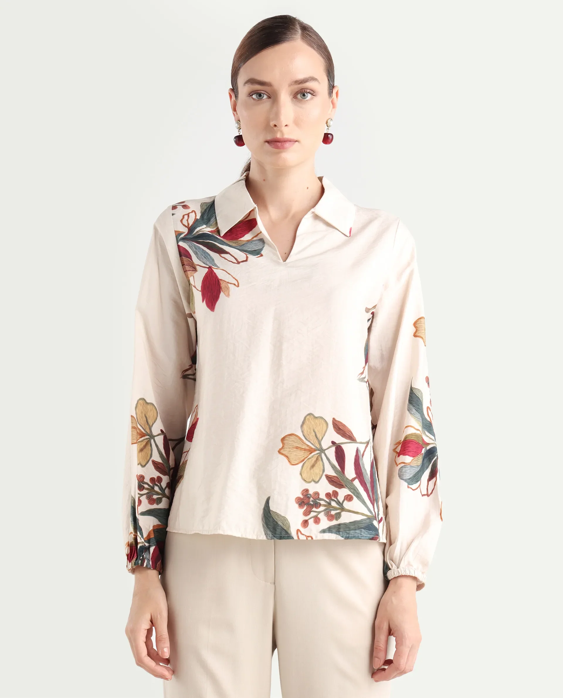 Rareism Women's Aero Beige Viscose Blend Spread Collar Regular Abstract Print Top - Image 3