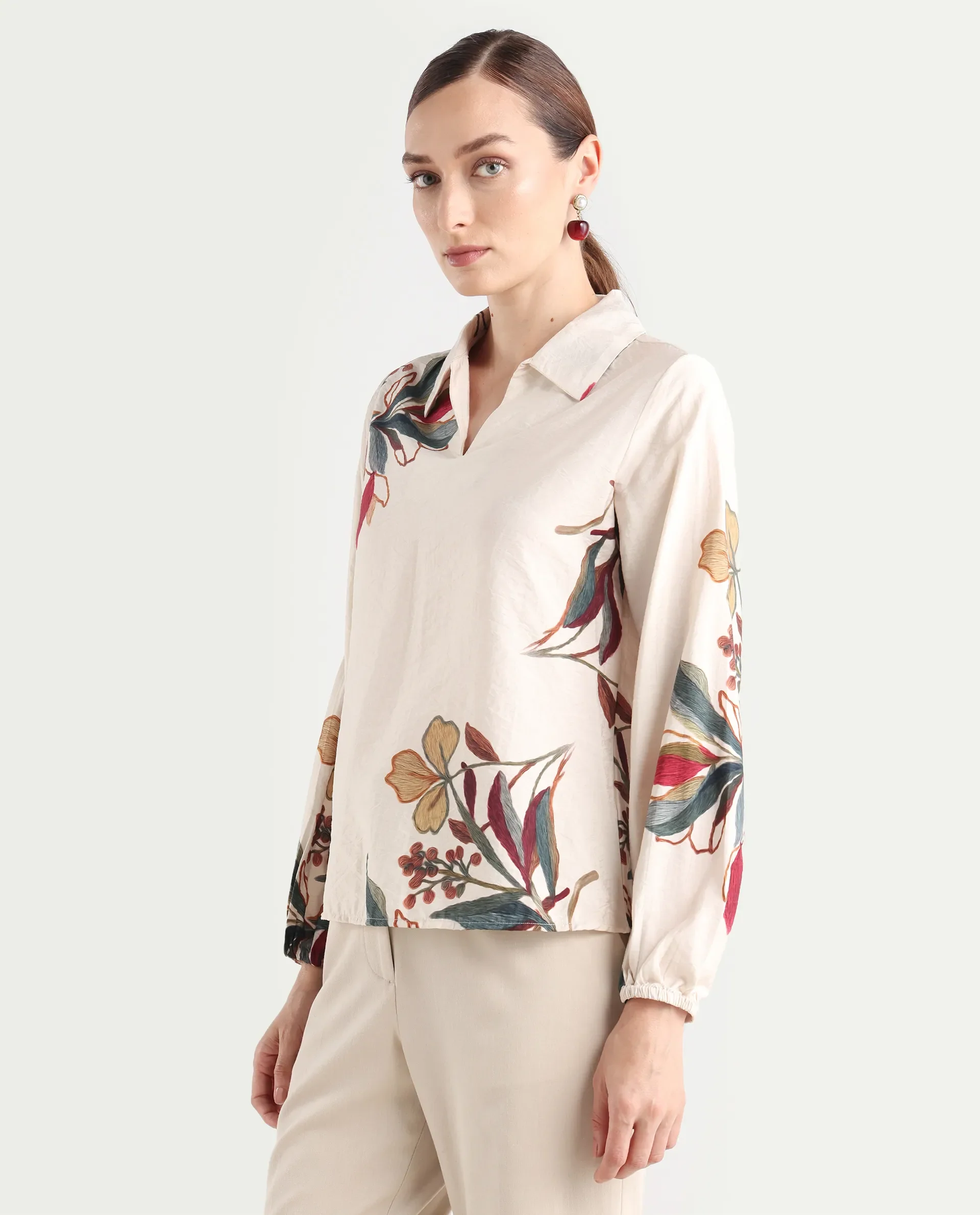 Rareism Women's Aero Beige Viscose Blend Spread Collar Regular Abstract Print Top - Image 6