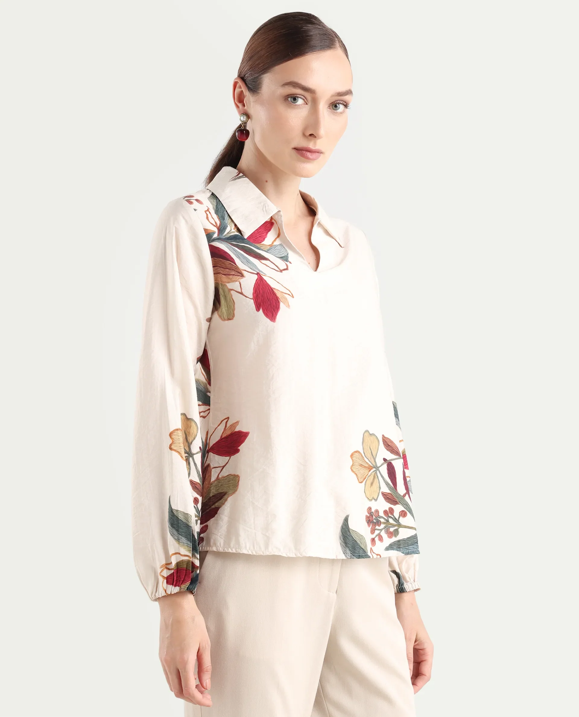 Rareism Women's Aero Beige Viscose Blend Spread Collar Regular Abstract Print Top - Image 7