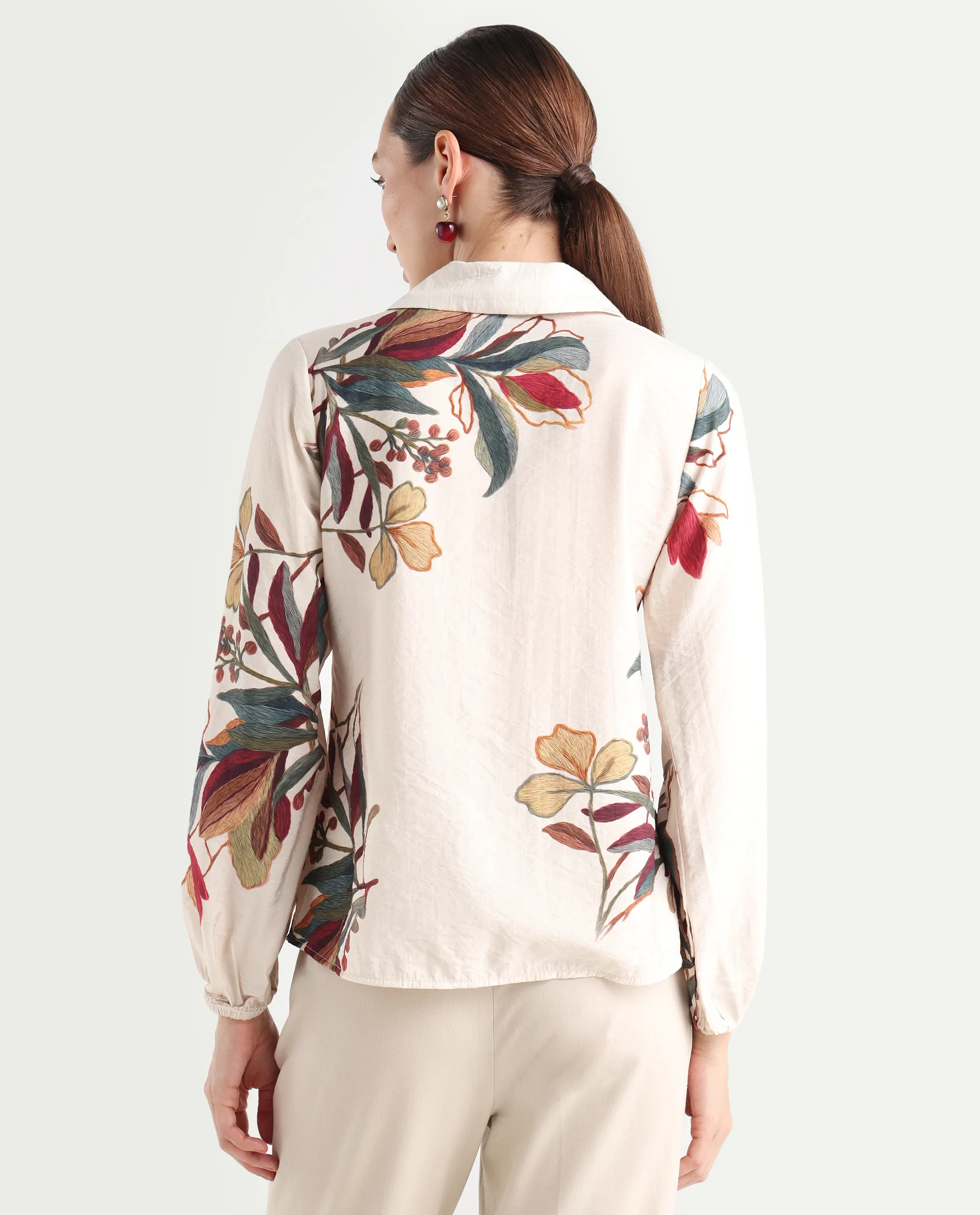 Rareism Women's Aero Beige Viscose Blend Spread Collar Regular Abstract Print Top - Image 8