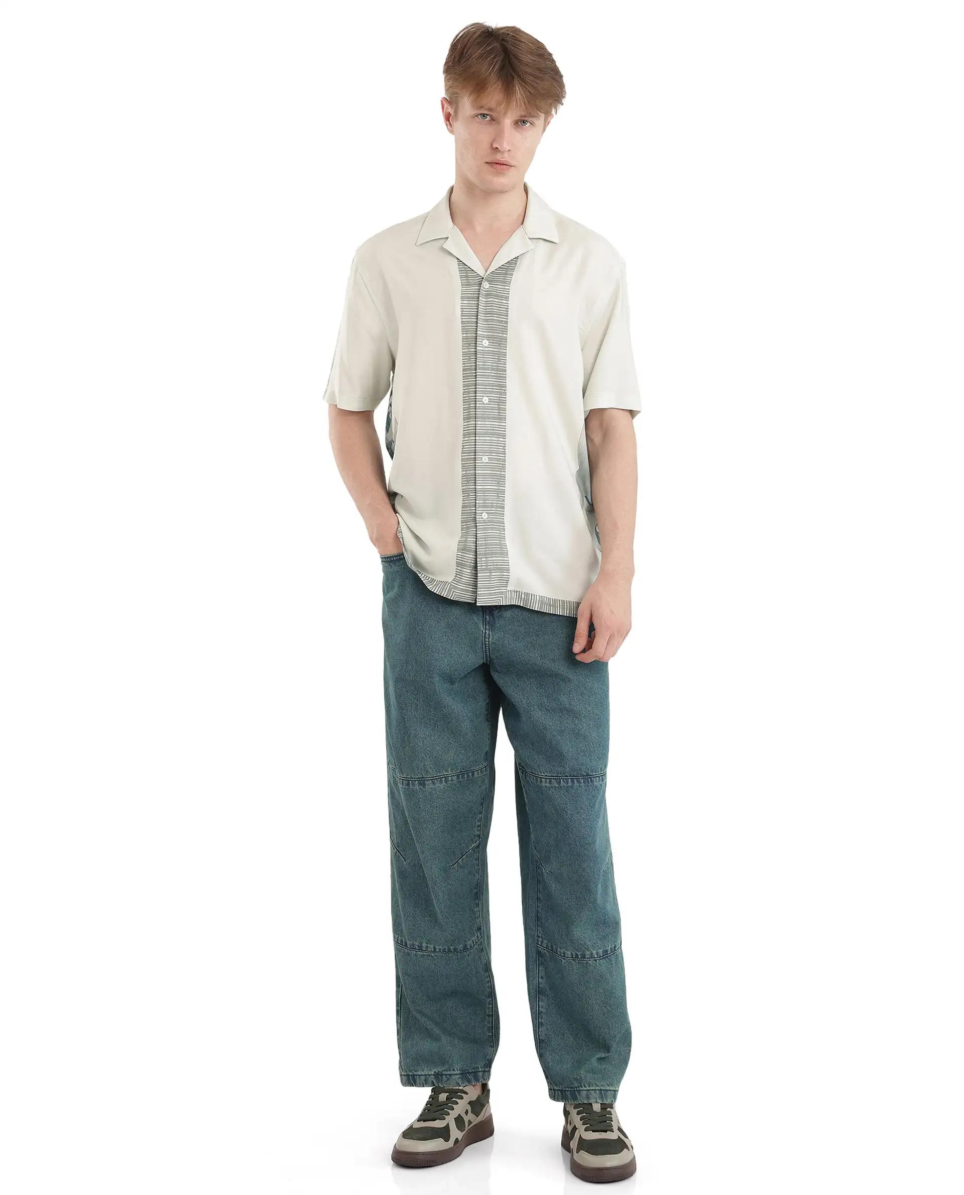 Rare Rabbit Men's Aeron Pastel Green Cotton Printed Boxy Fit Half Sleeve Cuban Collar Shirt - Image 2