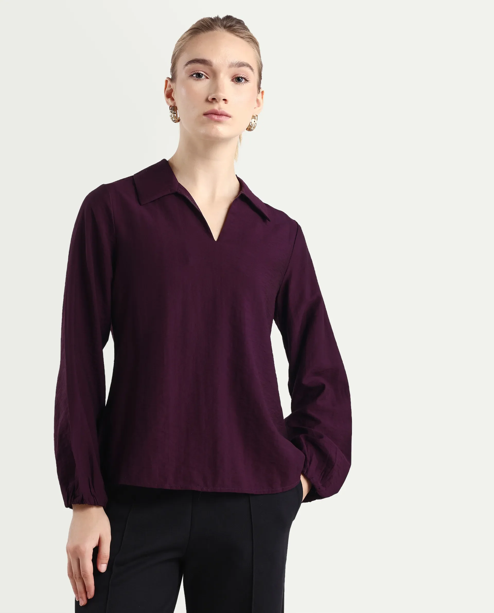 Rareism Women's Aeron Maroon Viscose Blend Full Sleeve Regular Fit Plain Top - Image 3