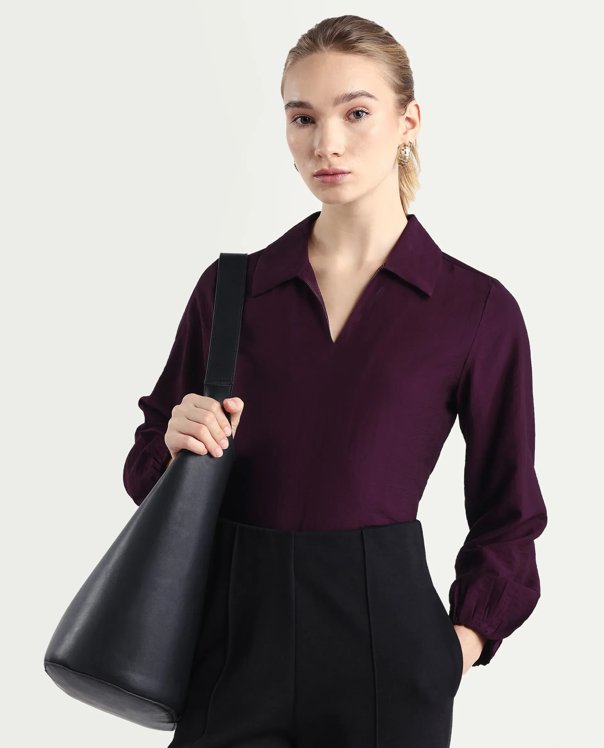 Rareism Women's Aeron Maroon Viscose Blend Full Sleeve Regular Fit Plain Top - Image 4