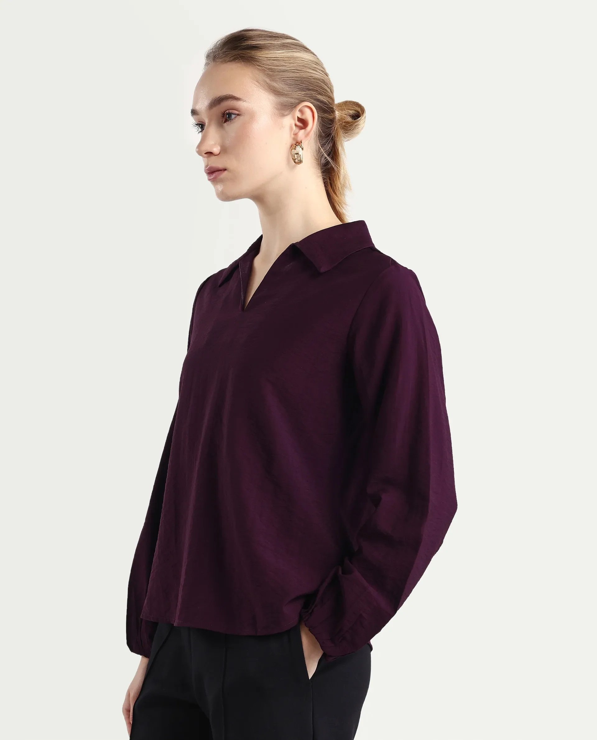 Rareism Women's Aeron Maroon Viscose Blend Full Sleeve Regular Fit Plain Top - Image 5