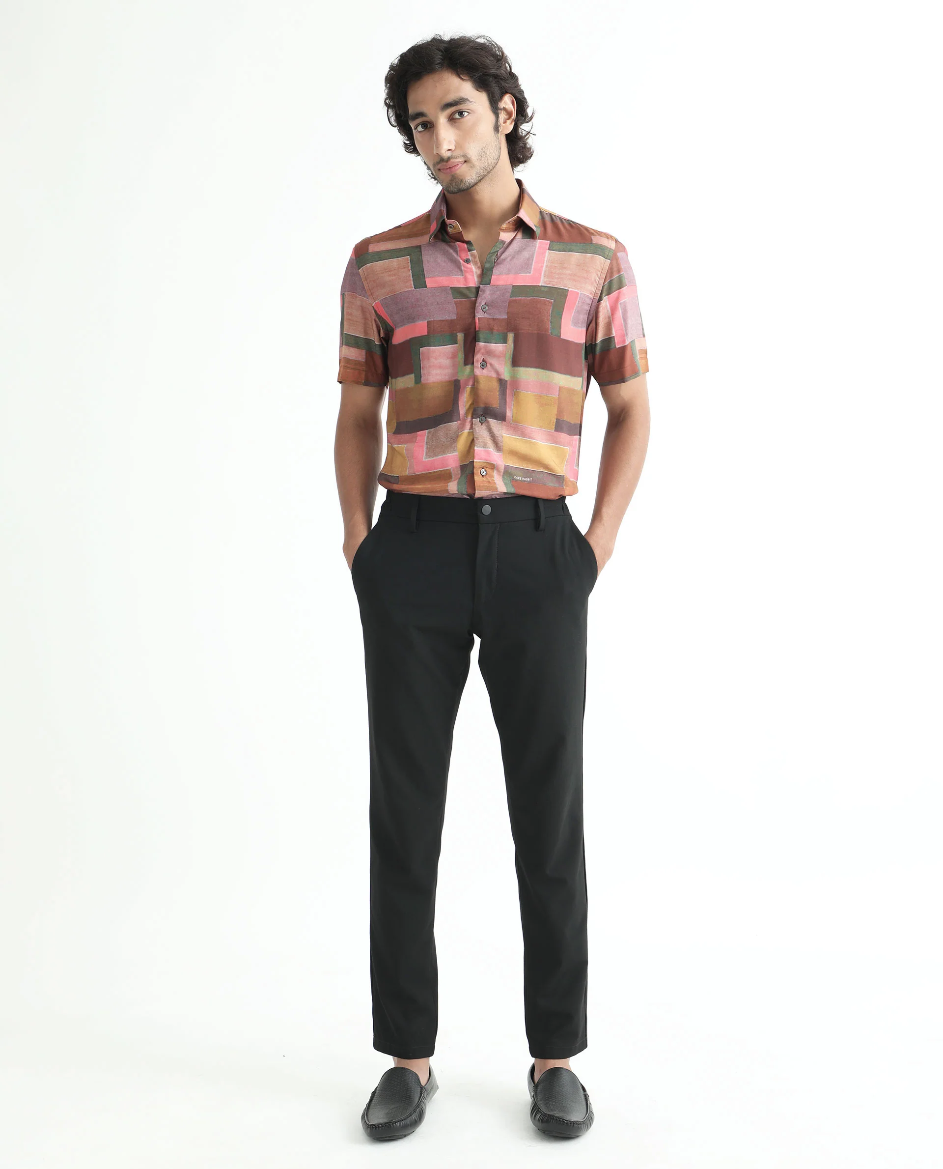 Rare Rabbit Men's Aether Mustard Viscose Abstract Print Regular Fit Half Sleeve Collared Shirt - Image 2