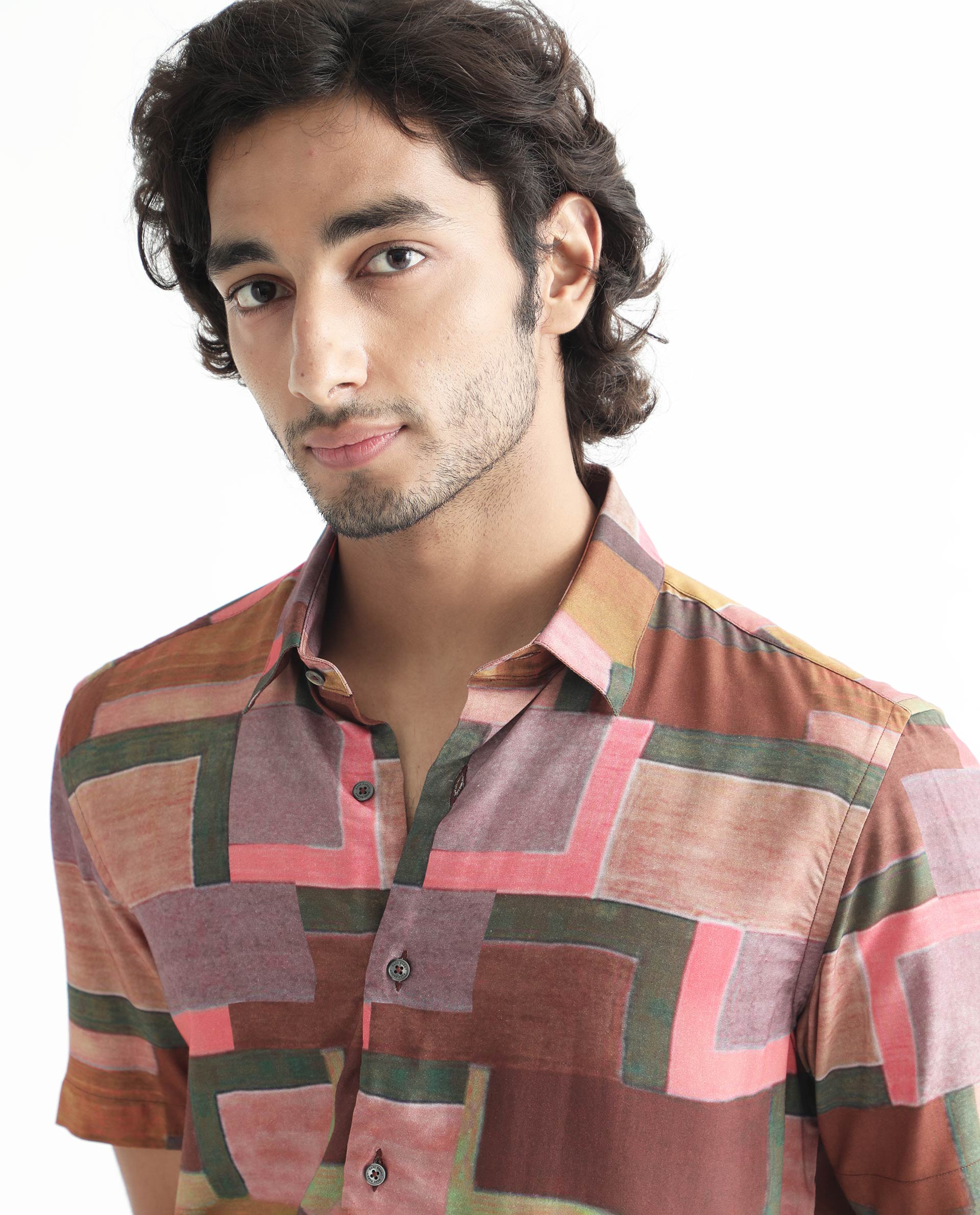 Rare Rabbit Men's Aether Mustard Viscose Abstract Print Regular Fit Half Sleeve Collared Shirt - Image 3