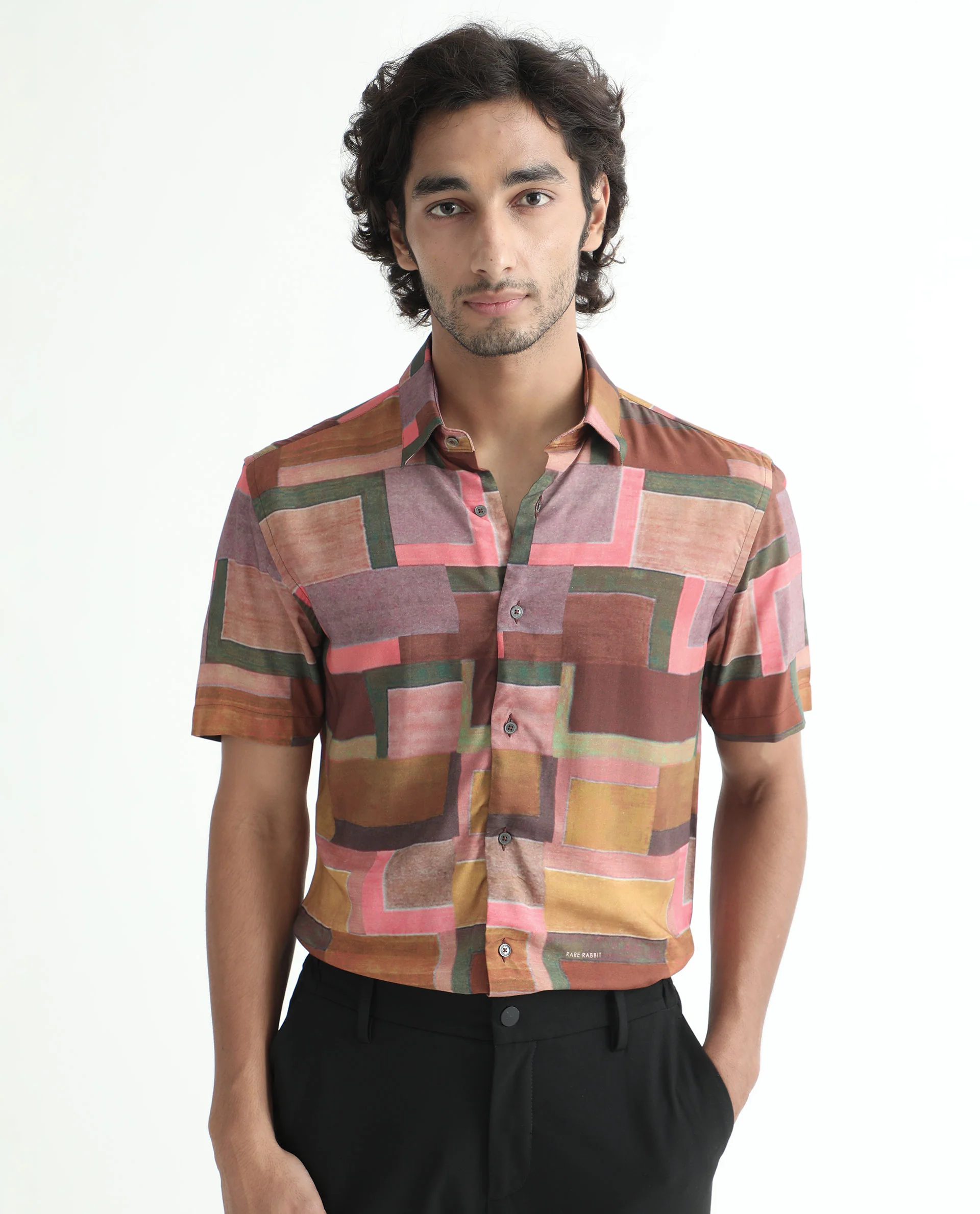 Rare Rabbit Men's Aether Mustard Viscose Abstract Print Regular Fit Half Sleeve Collared Shirt - Image 4