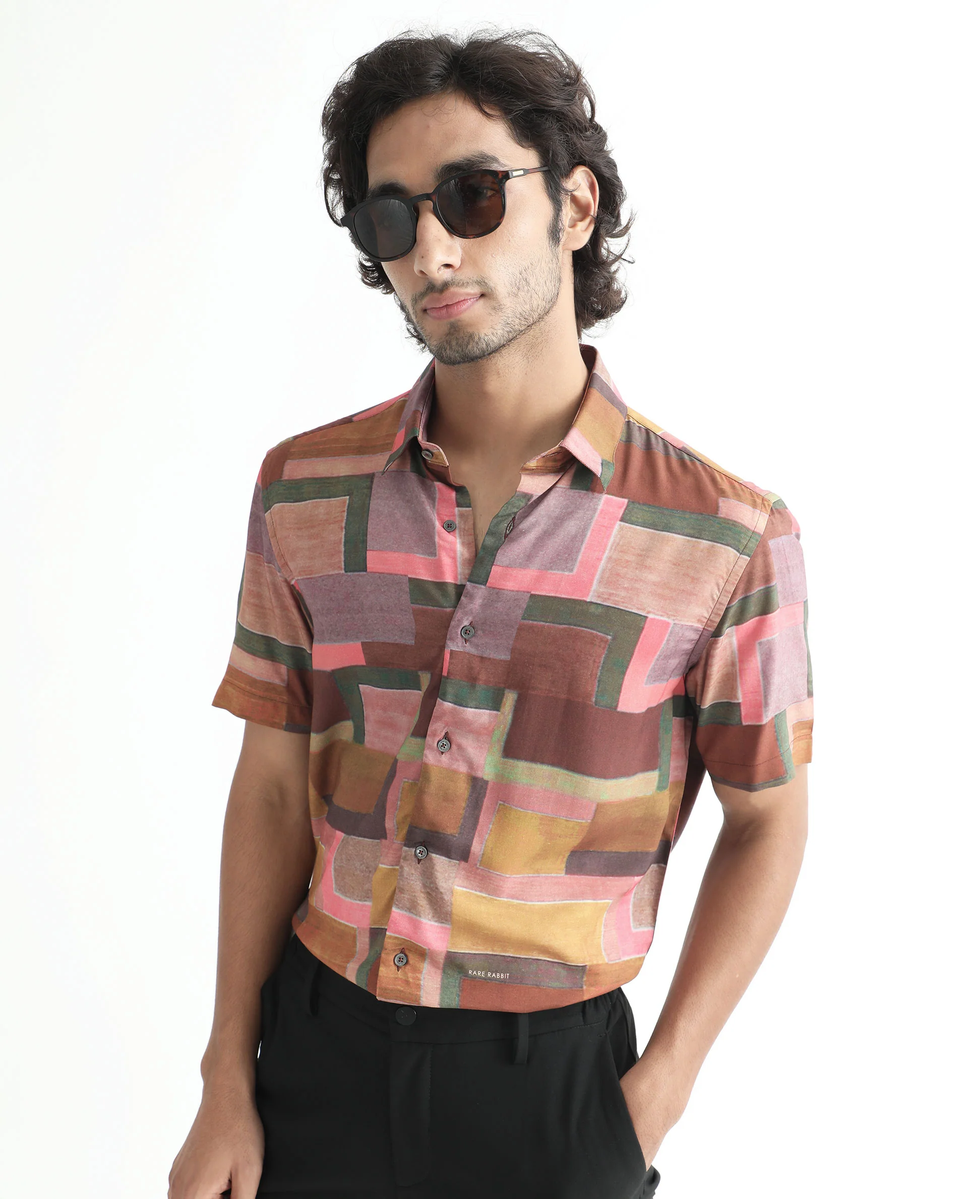 Rare Rabbit Men's Aether Mustard Viscose Abstract Print Regular Fit Half Sleeve Collared Shirt - Image 5