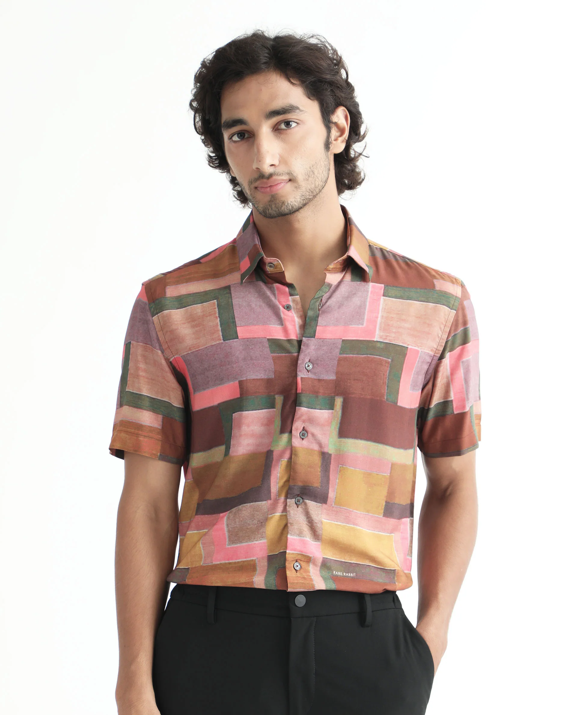 Rare Rabbit Men's Aether Mustard Viscose Abstract Print Regular Fit Half Sleeve Collared Shirt - Image 6