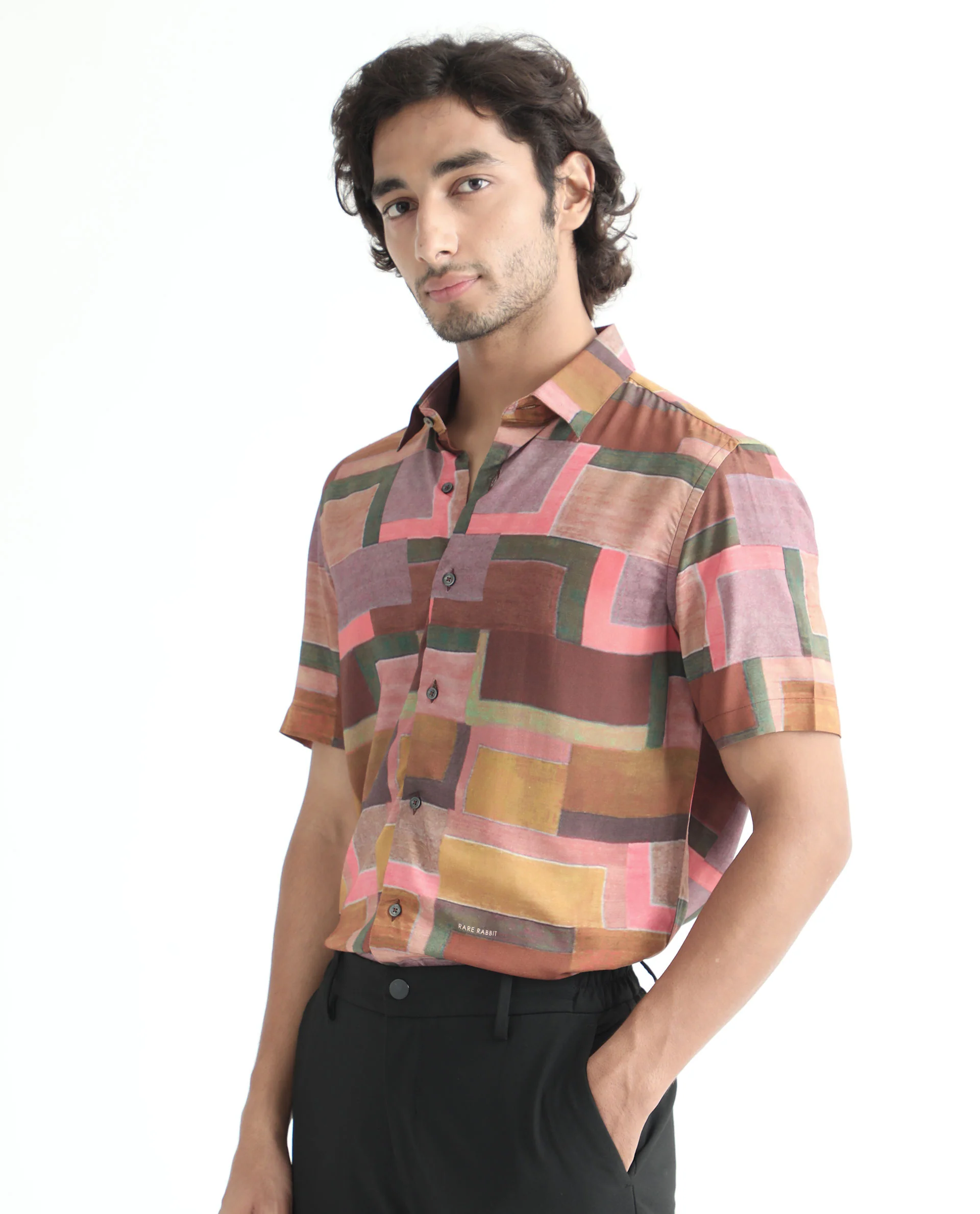 Rare Rabbit Men's Aether Mustard Viscose Abstract Print Regular Fit Half Sleeve Collared Shirt - Image 7