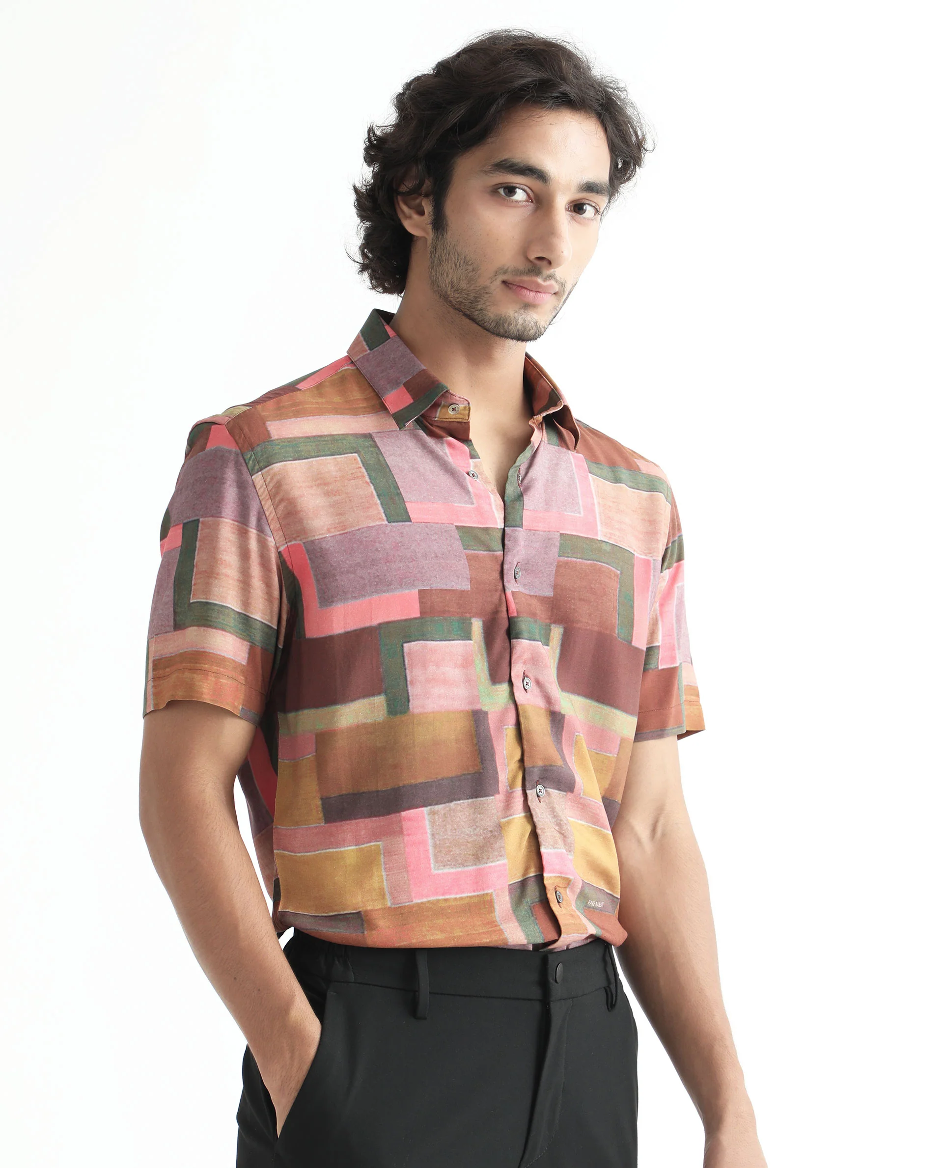 Rare Rabbit Men's Aether Mustard Viscose Abstract Print Regular Fit Half Sleeve Collared Shirt - Image 8