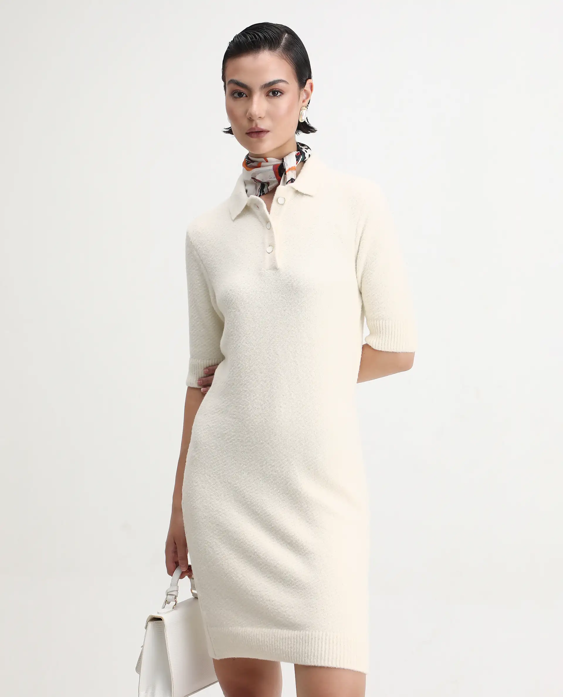 Rareism Women's Afchen Off White Nylon Spread Collar Regular Fit Plain Dress