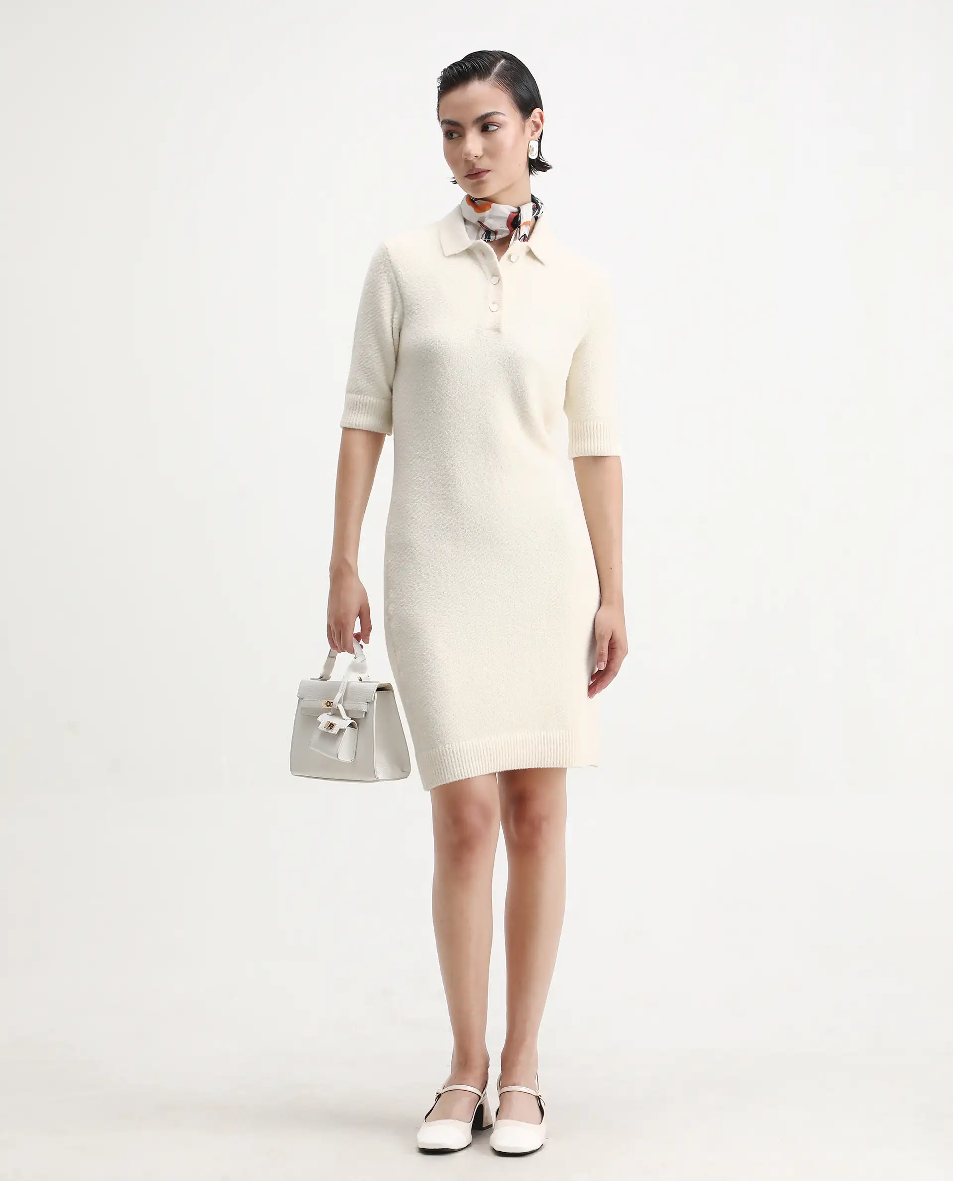 Rareism Women's Afchen Off White Nylon Spread Collar Regular Fit Plain Dress - Image 2