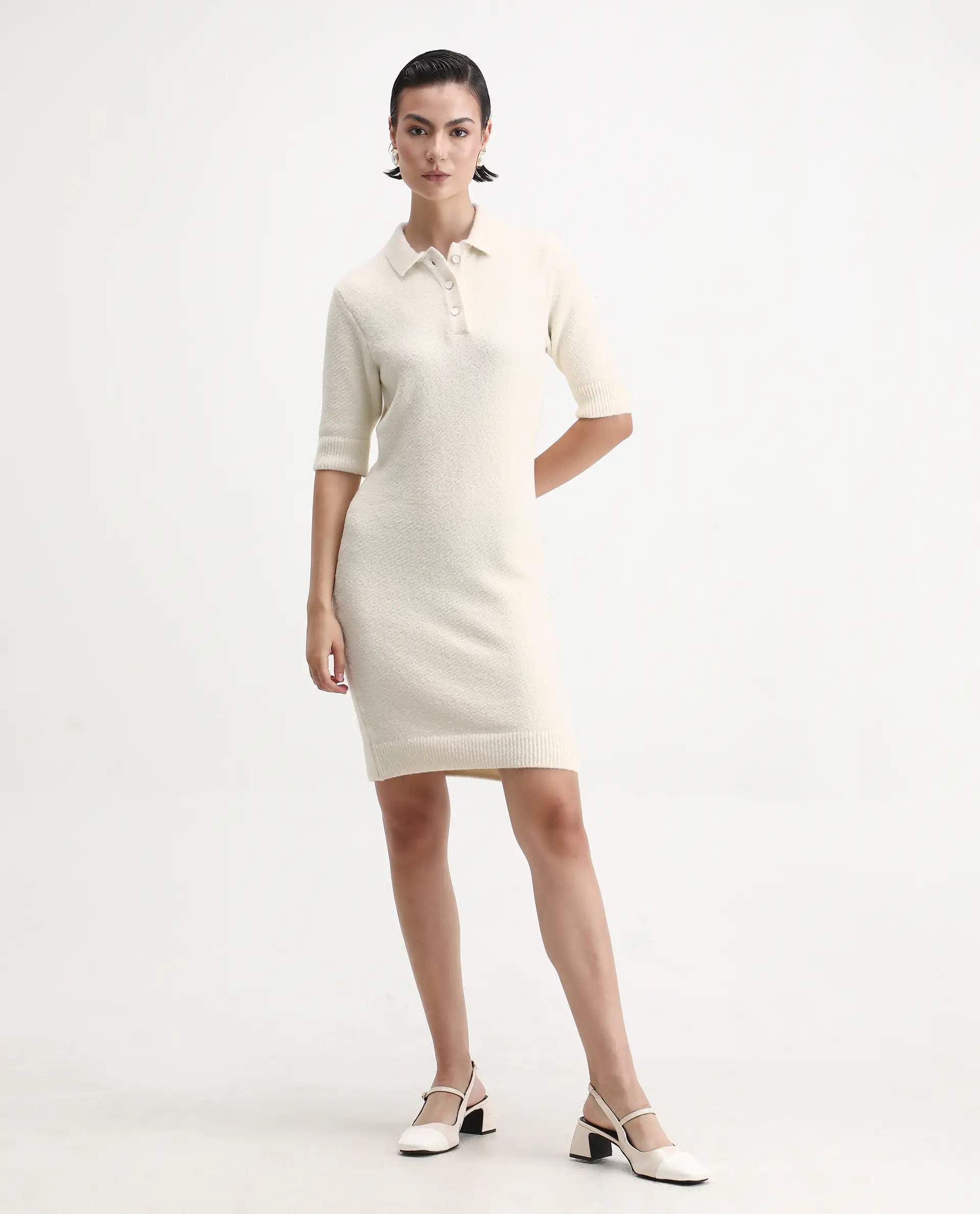 Rareism Women's Afchen Off White Nylon Spread Collar Regular Fit Plain Dress - Image 4