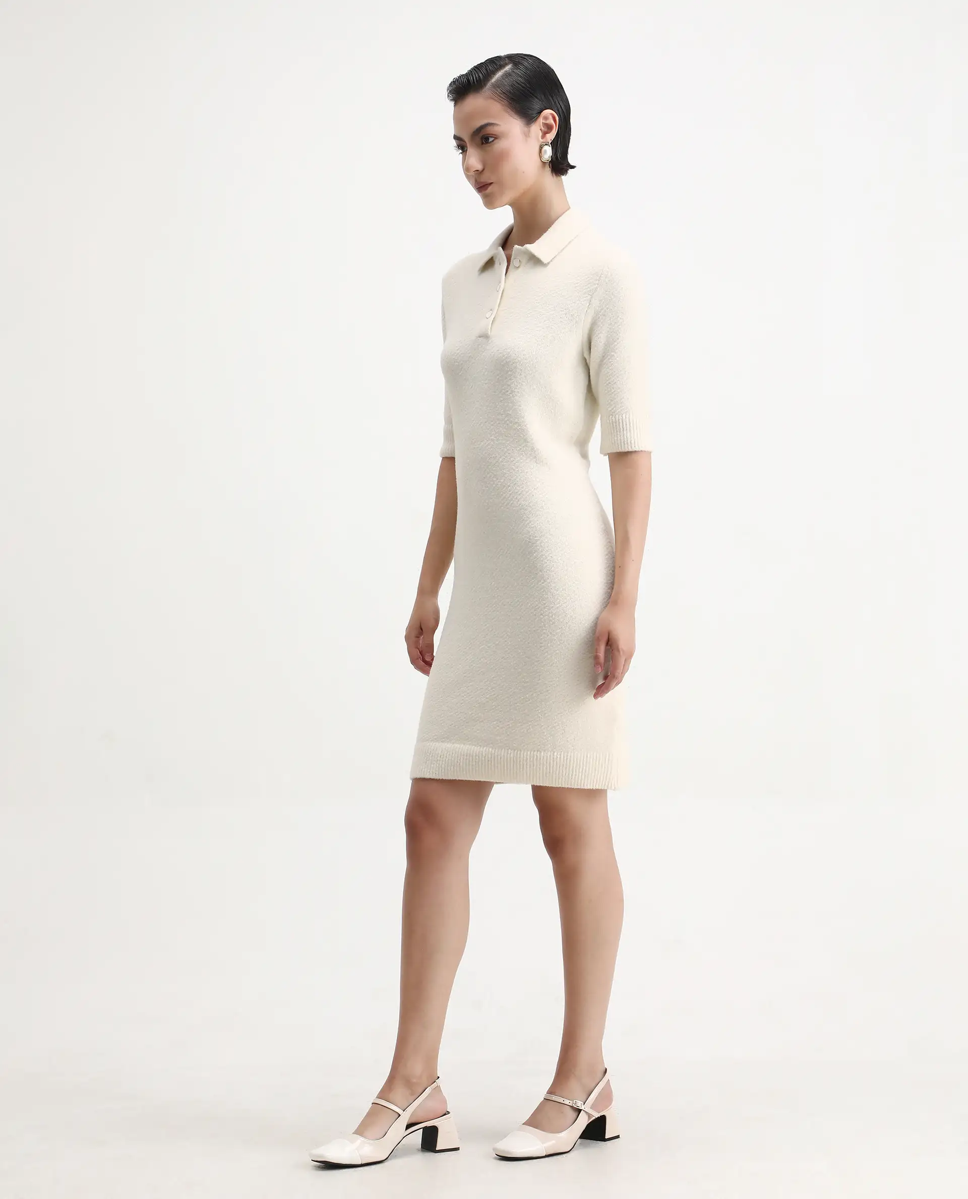 Rareism Women's Afchen Off White Nylon Spread Collar Regular Fit Plain Dress - Image 5