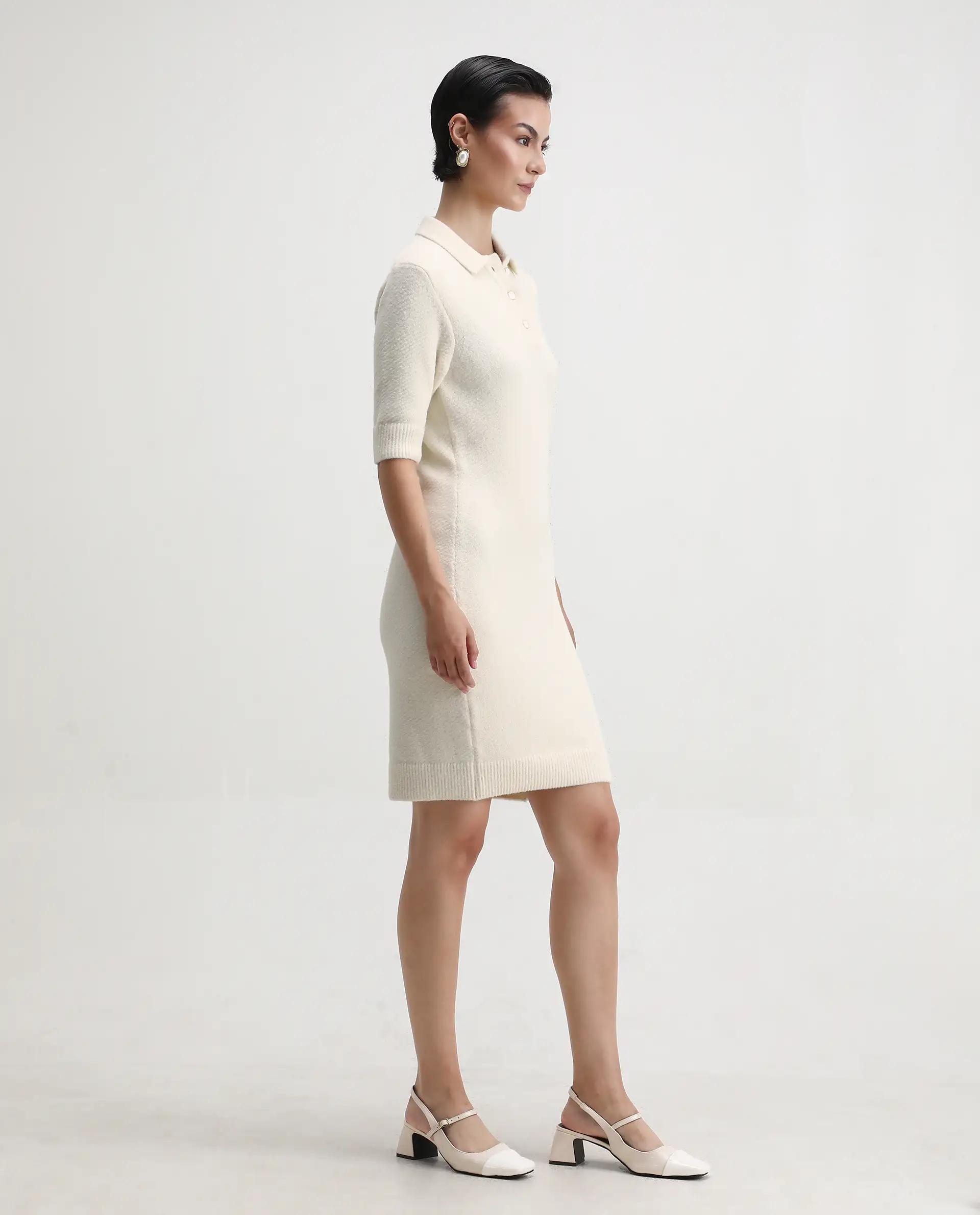 Rareism Women's Afchen Off White Nylon Spread Collar Regular Fit Plain Dress - Image 6