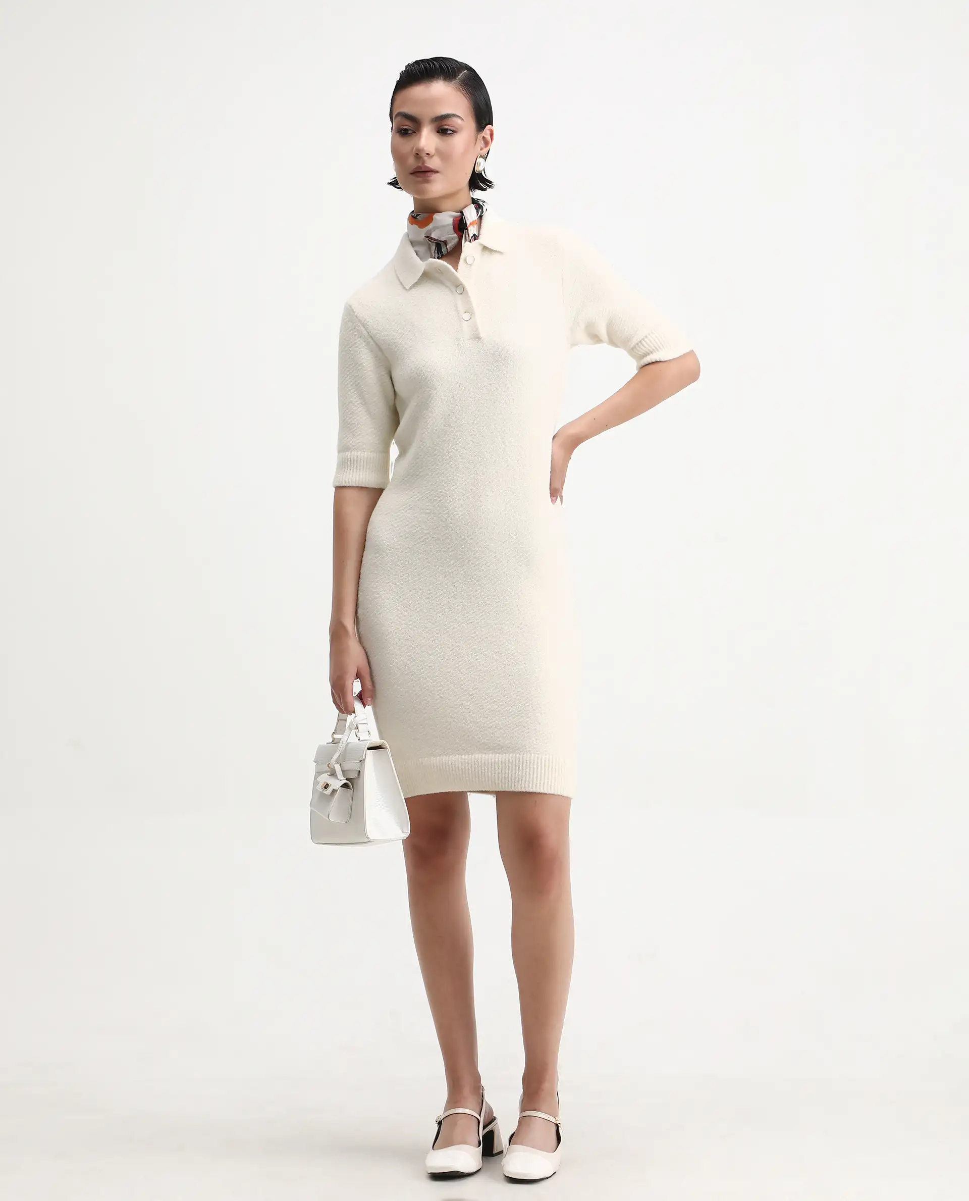 Rareism Women's Afchen Off White Nylon Spread Collar Regular Fit Plain Dress - Image 7