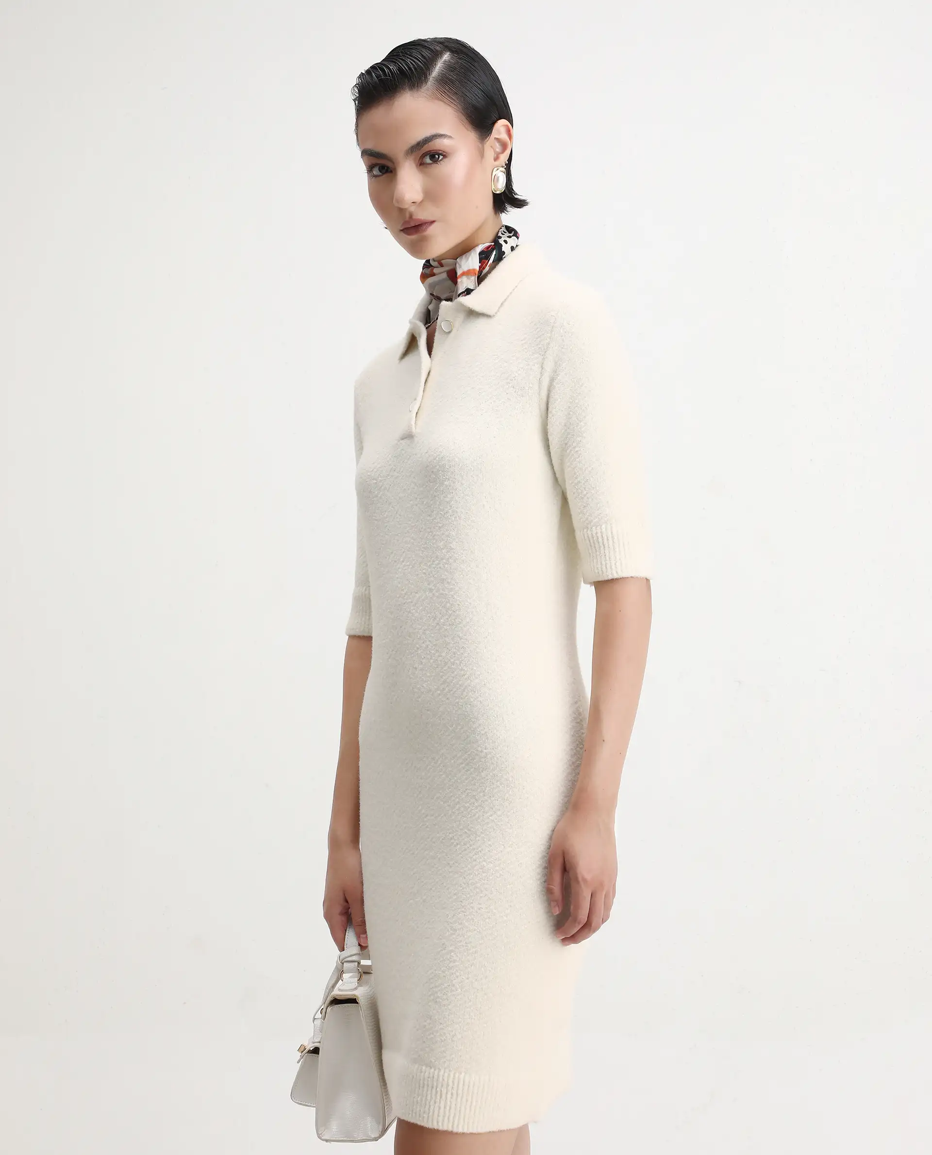 Rareism Women's Afchen Off White Nylon Spread Collar Regular Fit Plain Dress - Image 8