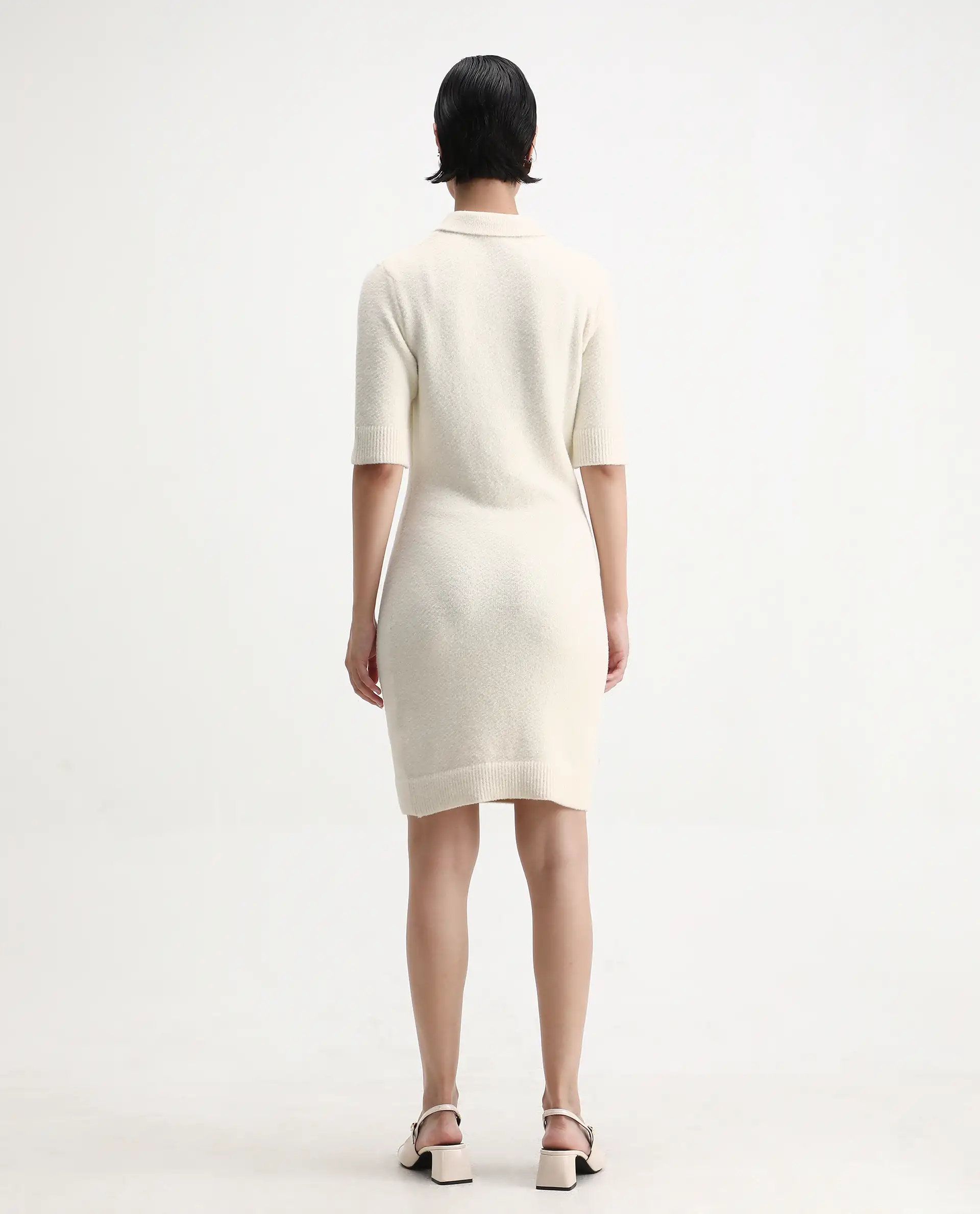 Rareism Women's Afchen Off White Nylon Spread Collar Regular Fit Plain Dress - Image 9