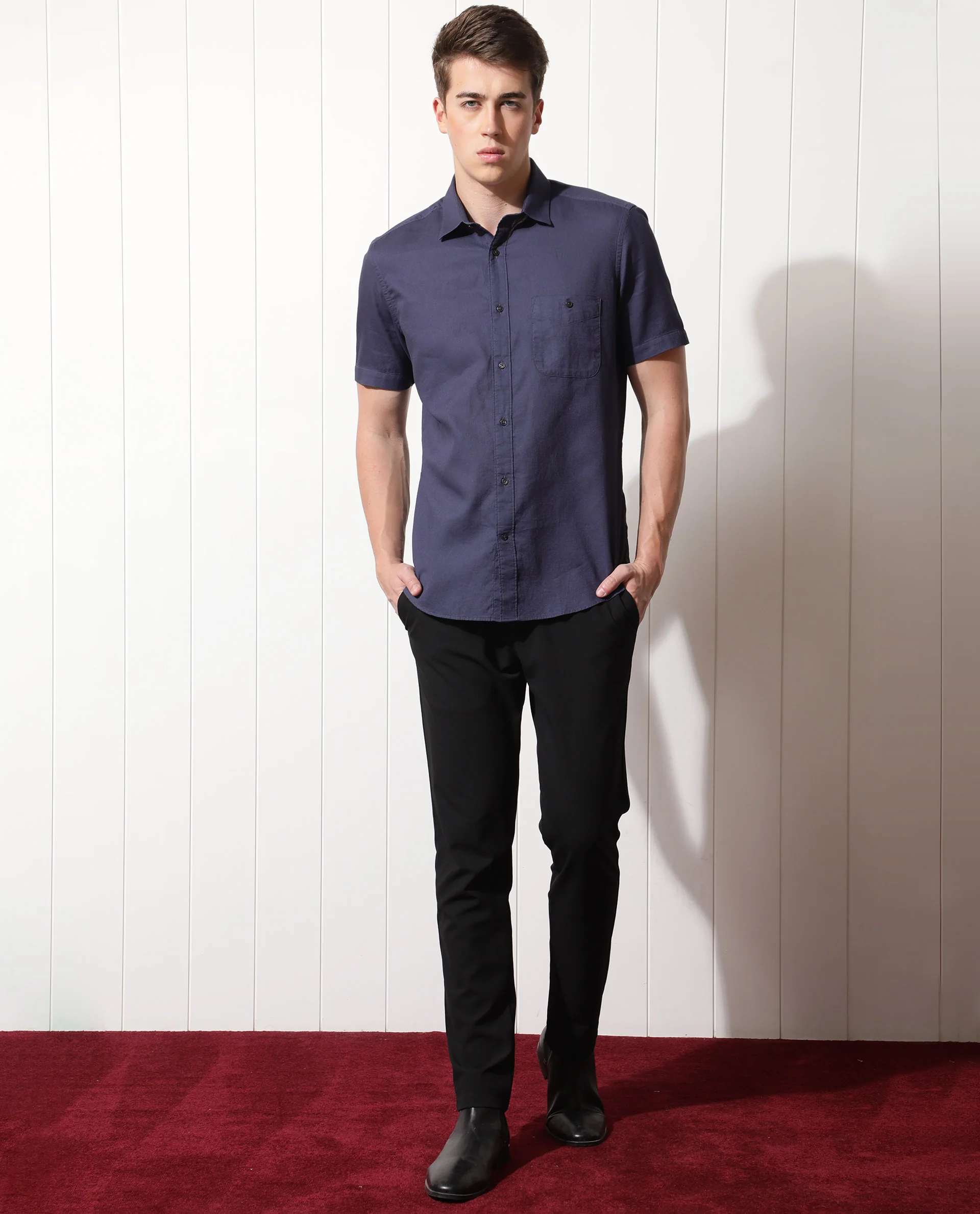 Rare Rabbit Men's Affle Dark Purple Cotton Plain Tailored Fit Half Sleeve Collared Shirt - Image 2