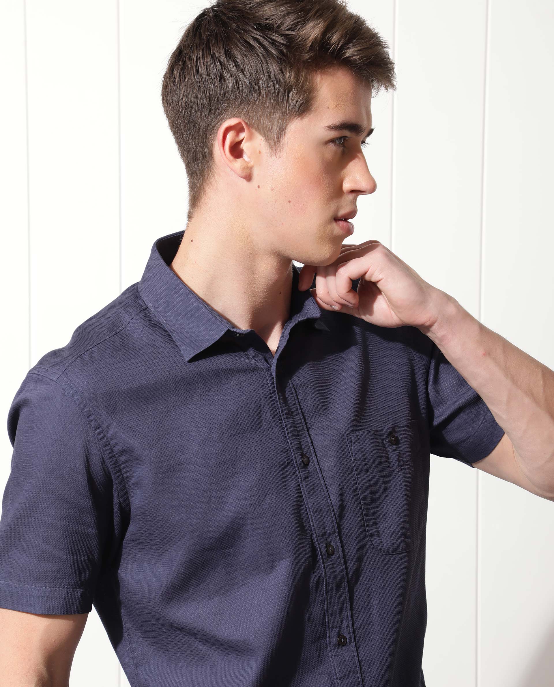 Rare Rabbit Men's Affle Dark Purple Cotton Plain Tailored Fit Half Sleeve Collared Shirt - Image 4