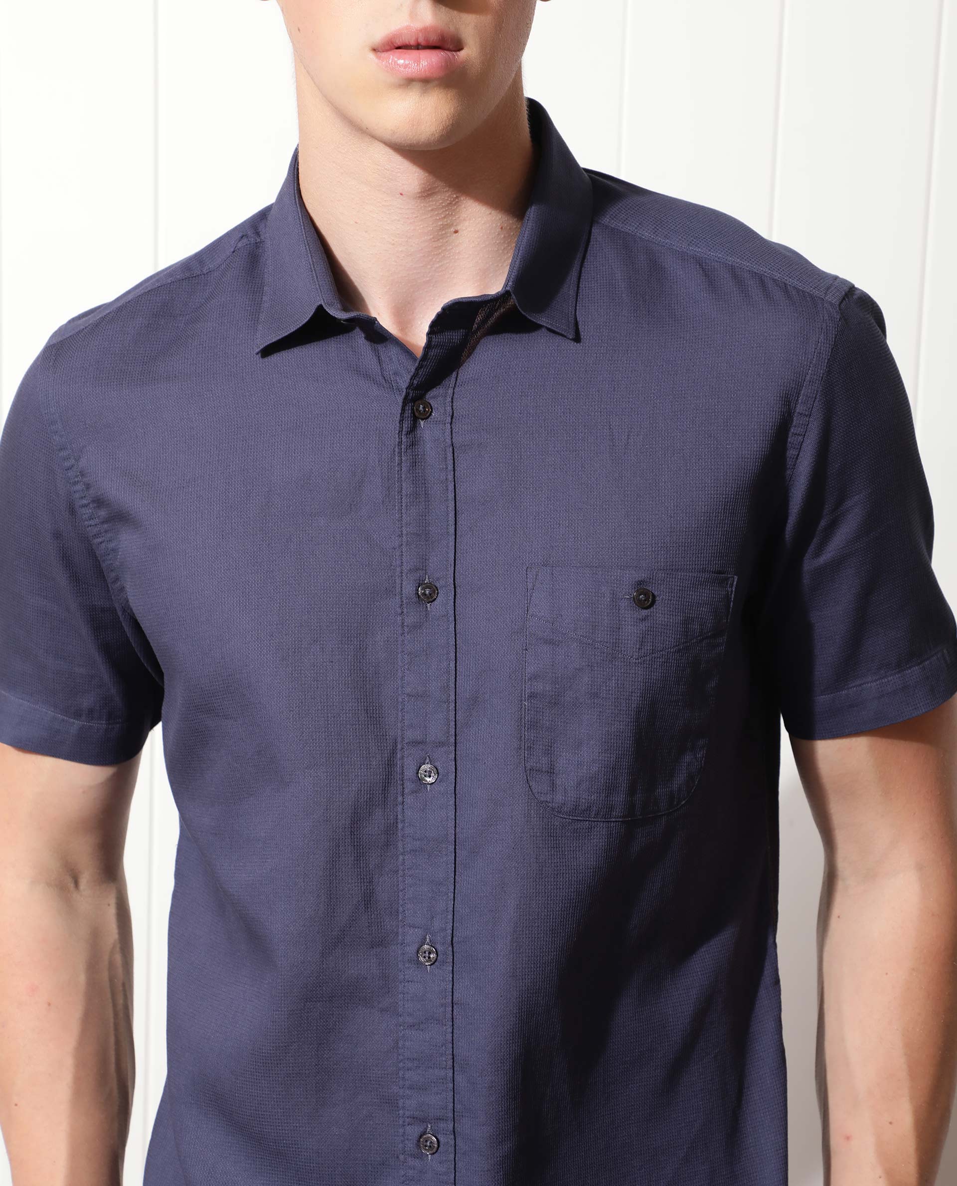 Rare Rabbit Men's Affle Dark Purple Cotton Plain Tailored Fit Half Sleeve Collared Shirt - Image 5