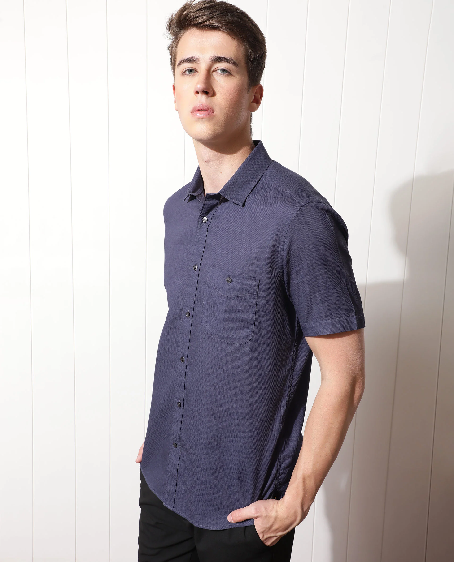 Rare Rabbit Men's Affle Dark Purple Cotton Plain Tailored Fit Half Sleeve Collared Shirt - Image 6