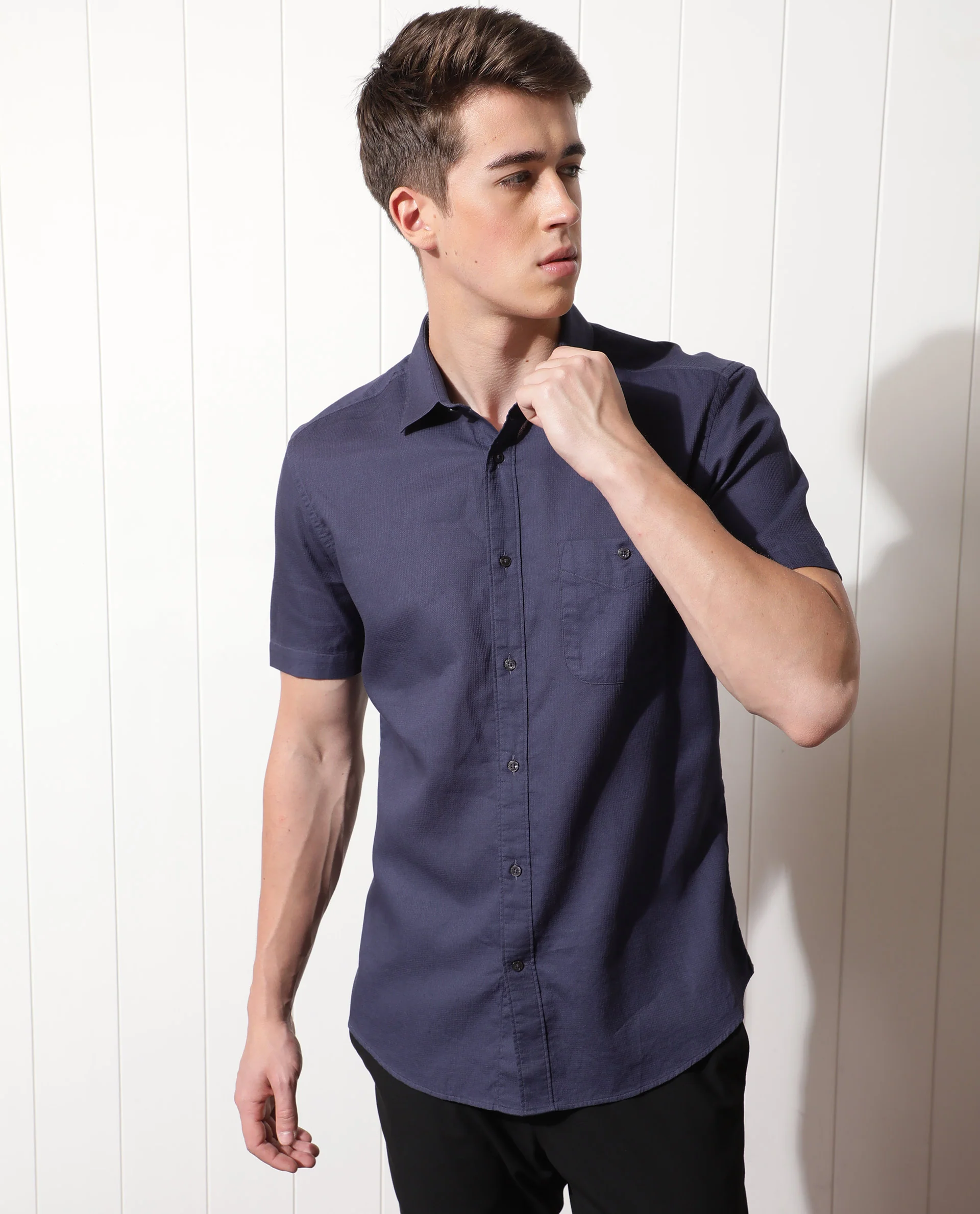 Rare Rabbit Men's Affle Dark Purple Cotton Plain Tailored Fit Half Sleeve Collared Shirt - Image 8