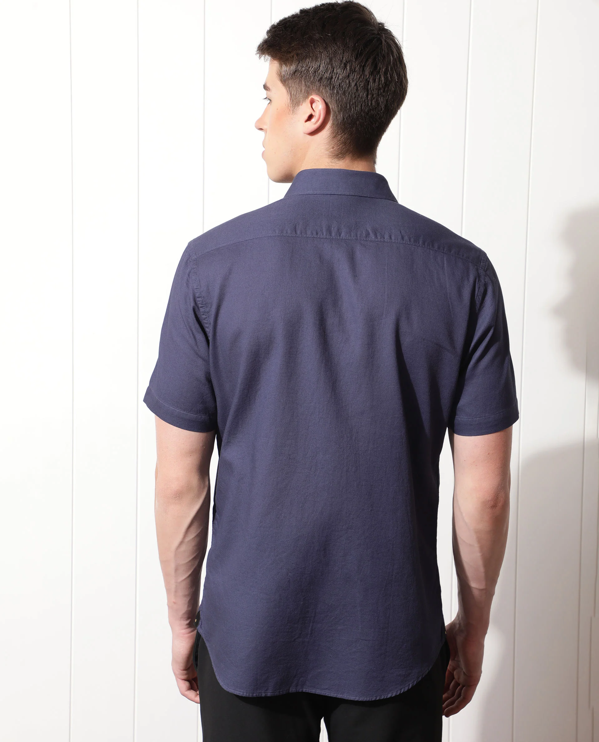 Rare Rabbit Men's Affle Dark Purple Cotton Plain Tailored Fit Half Sleeve Collared Shirt - Image 9