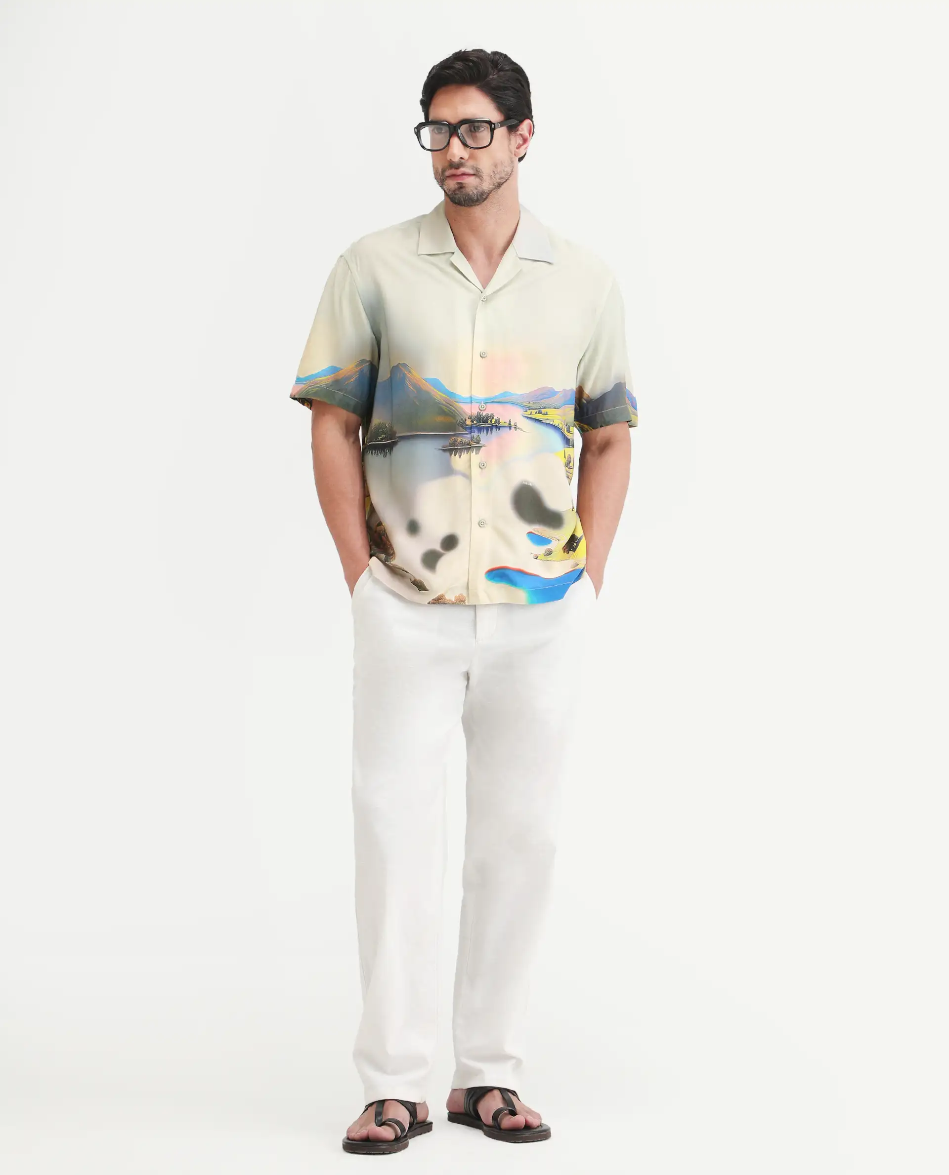 Rare Rabbit Men's Afix Dusky Beige Viscose Fabric Half Sleeve Cuban Collar Regular Fit Abstract Print Shirt - Image 2