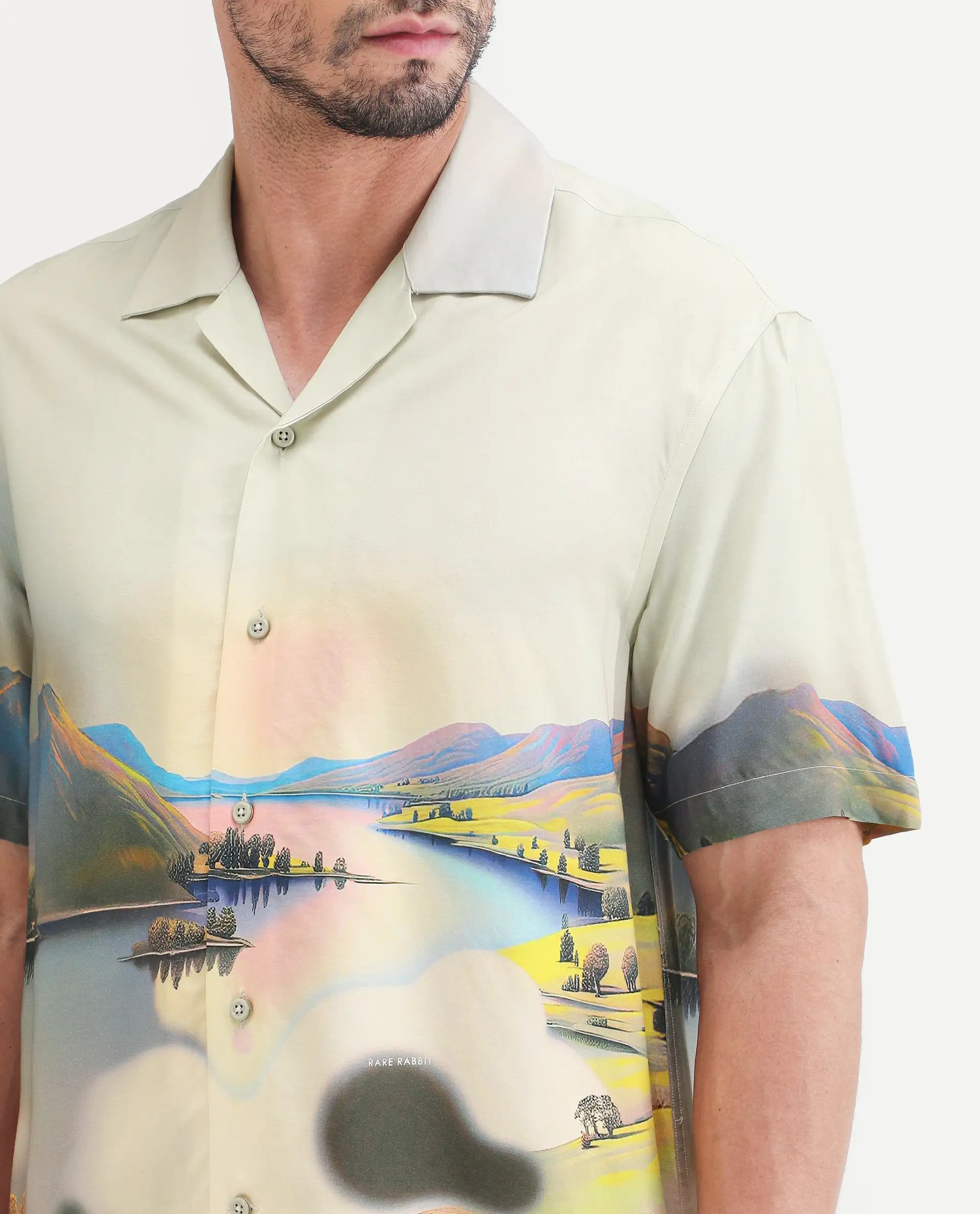 Rare Rabbit Men's Afix Dusky Beige Viscose Fabric Half Sleeve Cuban Collar Regular Fit Abstract Print Shirt - Image 3