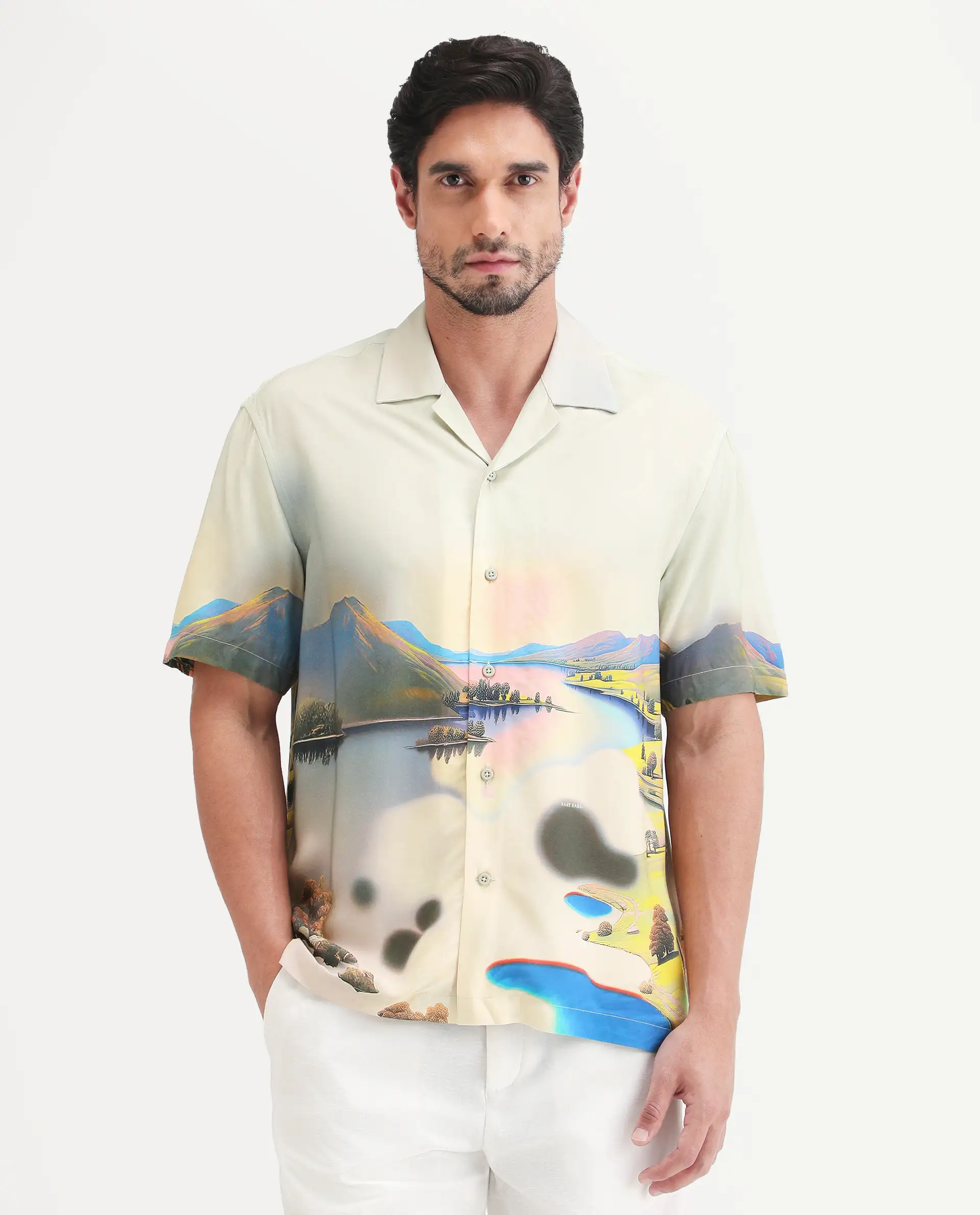 Rare Rabbit Men's Afix Dusky Beige Viscose Fabric Half Sleeve Cuban Collar Regular Fit Abstract Print Shirt - Image 4