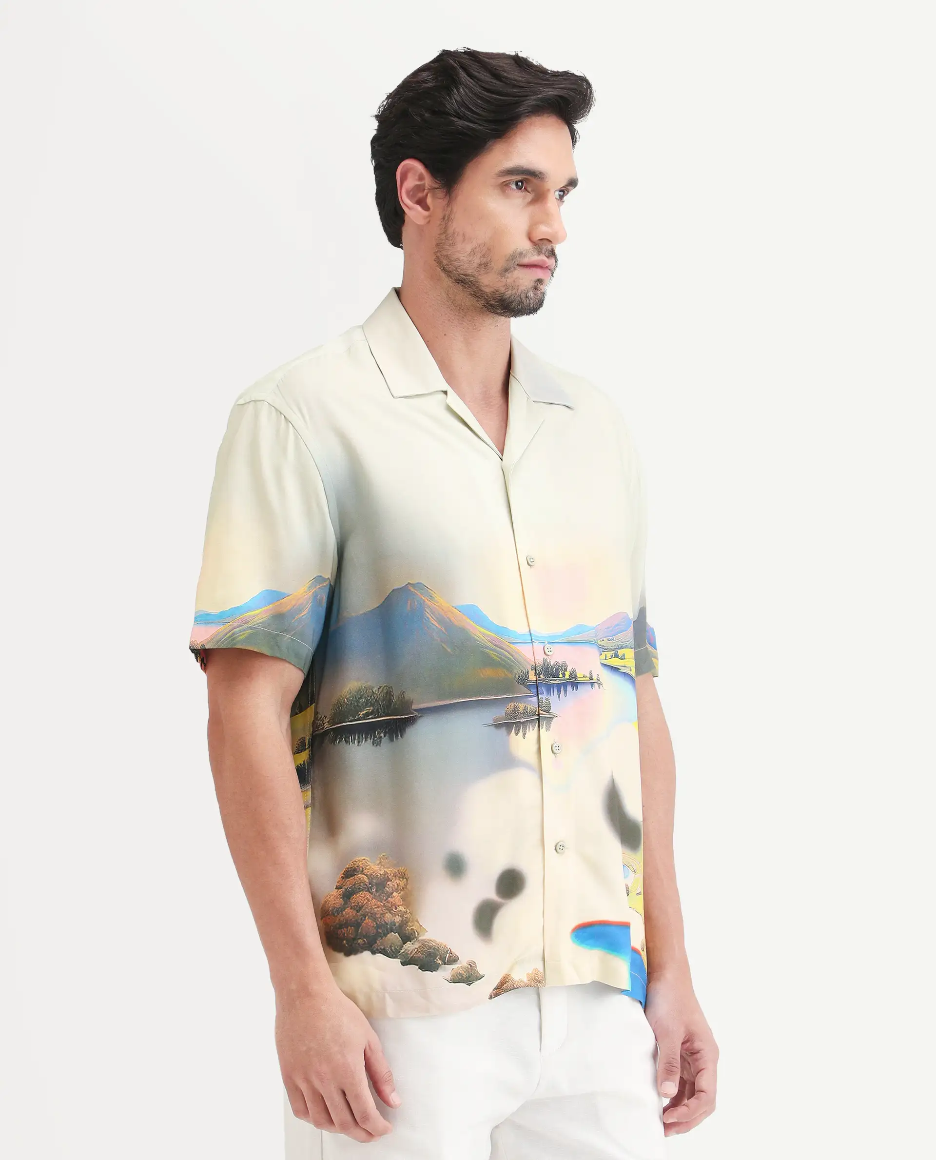 Rare Rabbit Men's Afix Dusky Beige Viscose Fabric Half Sleeve Cuban Collar Regular Fit Abstract Print Shirt - Image 5