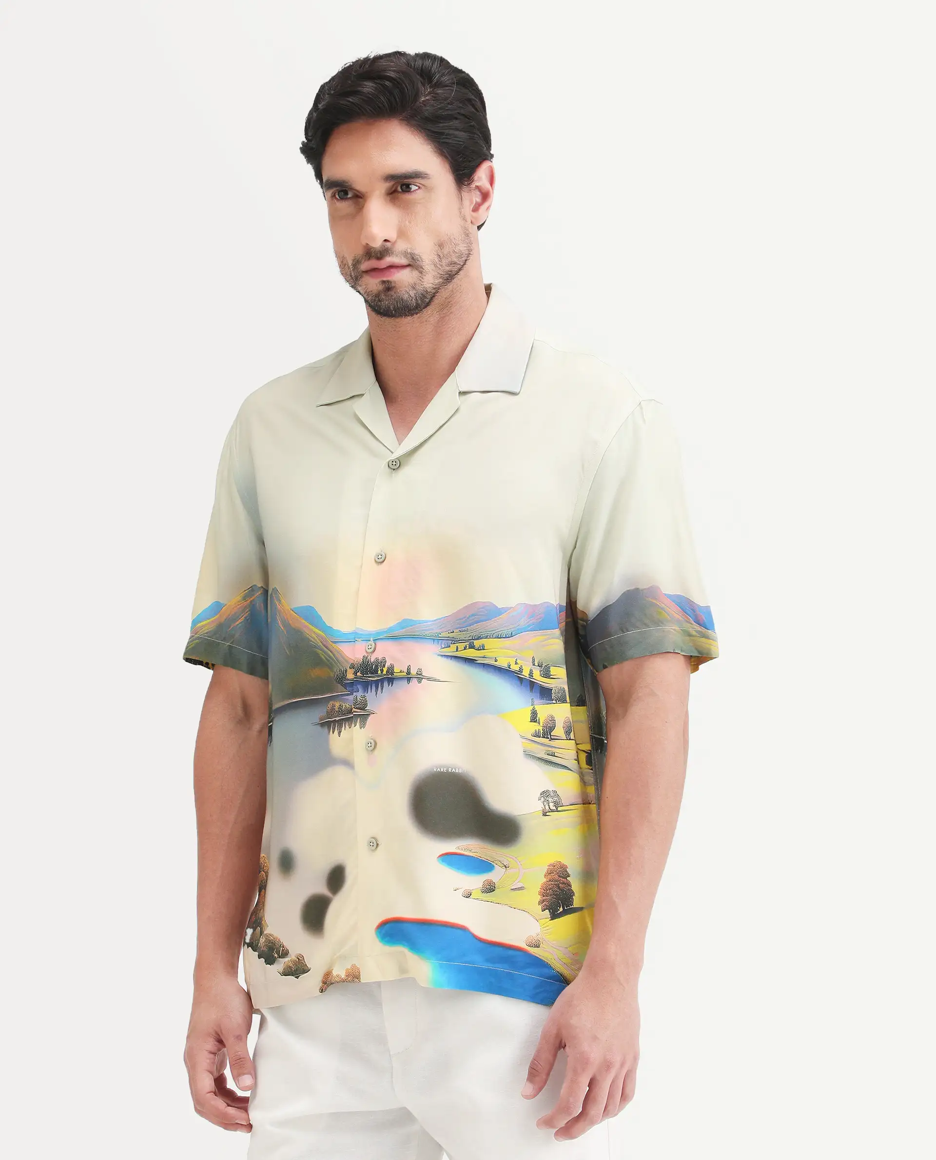 Rare Rabbit Men's Afix Dusky Beige Viscose Fabric Half Sleeve Cuban Collar Regular Fit Abstract Print Shirt - Image 6
