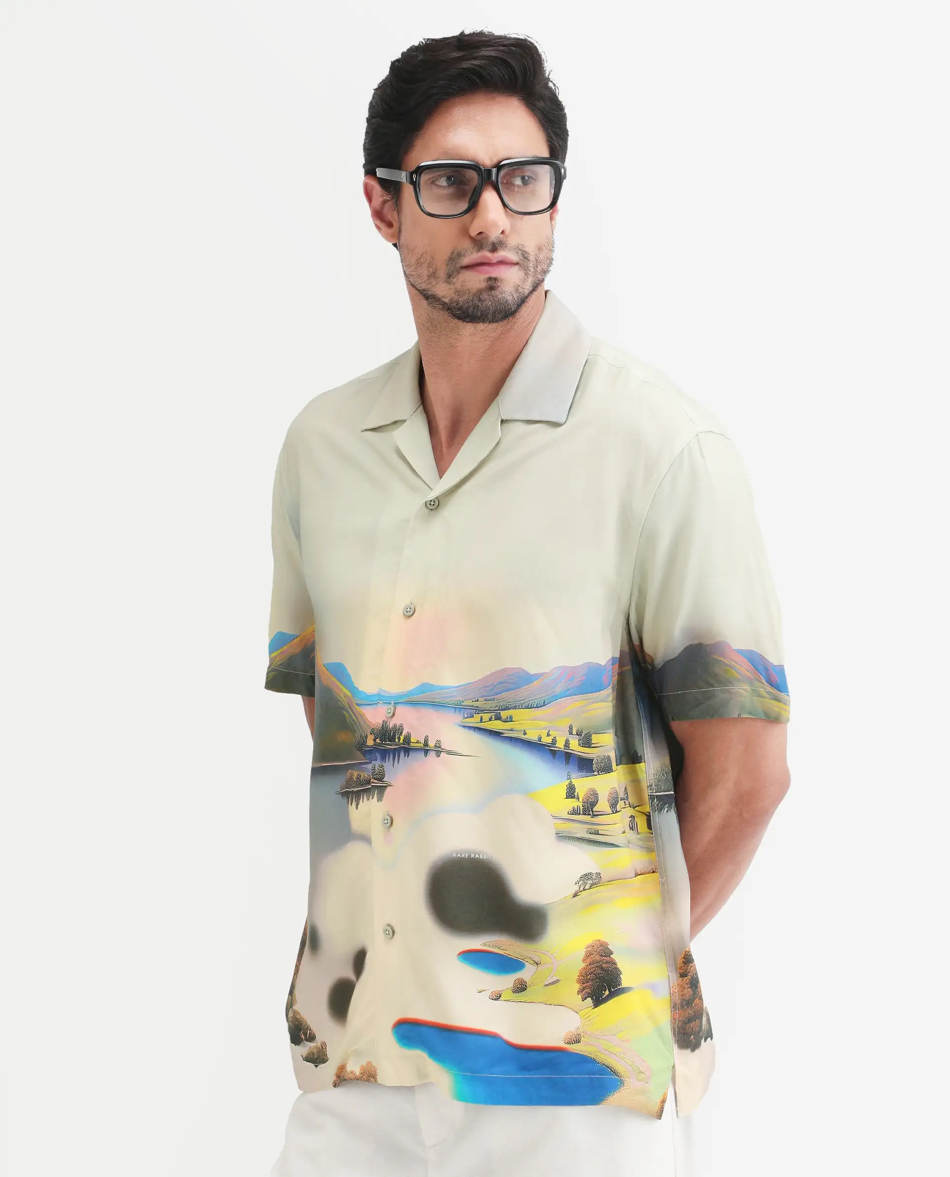Rare Rabbit Men's Afix Dusky Beige Viscose Fabric Half Sleeve Cuban Collar Regular Fit Abstract Print Shirt - Image 7