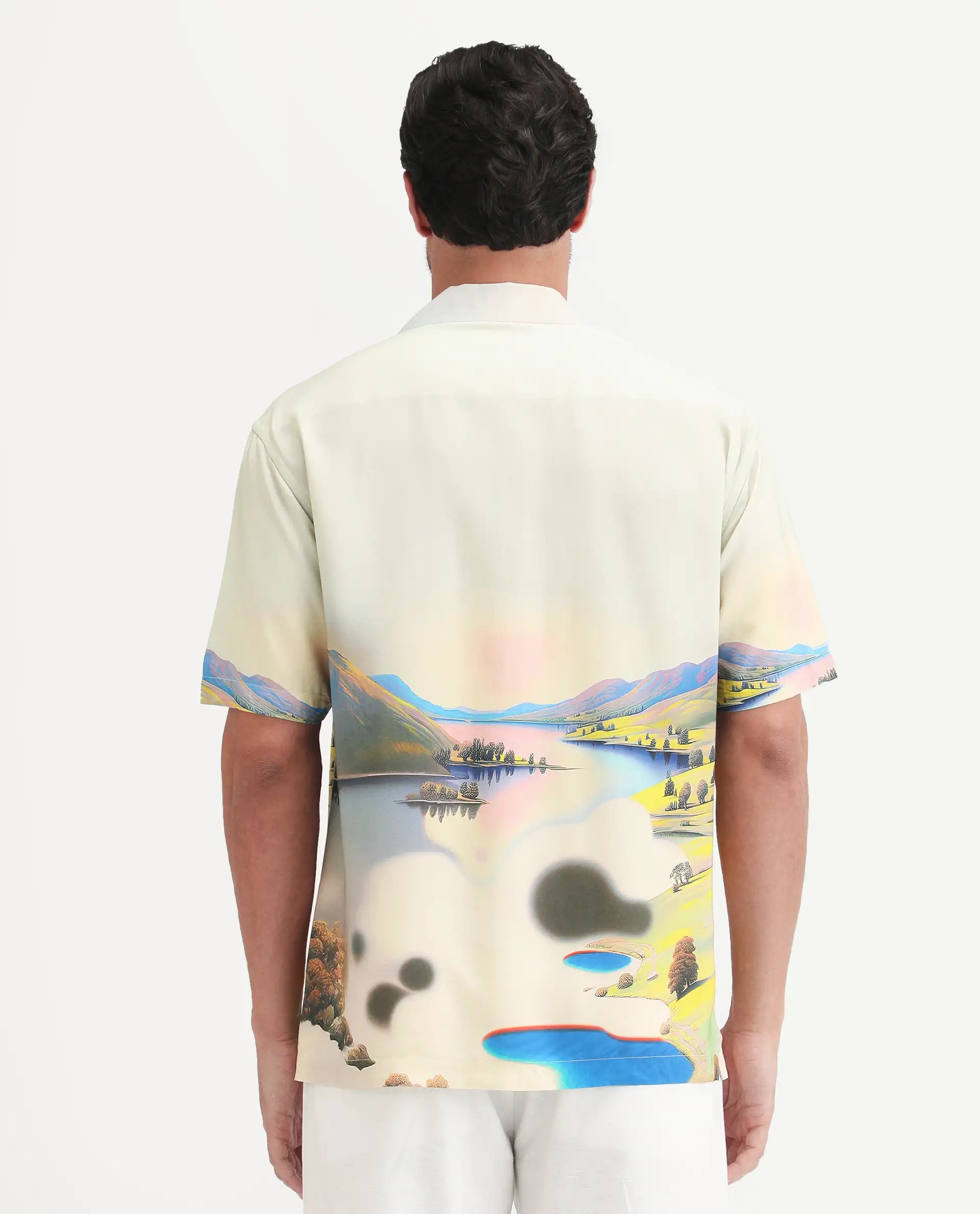 Rare Rabbit Men's Afix Dusky Beige Viscose Fabric Half Sleeve Cuban Collar Regular Fit Abstract Print Shirt - Image 8