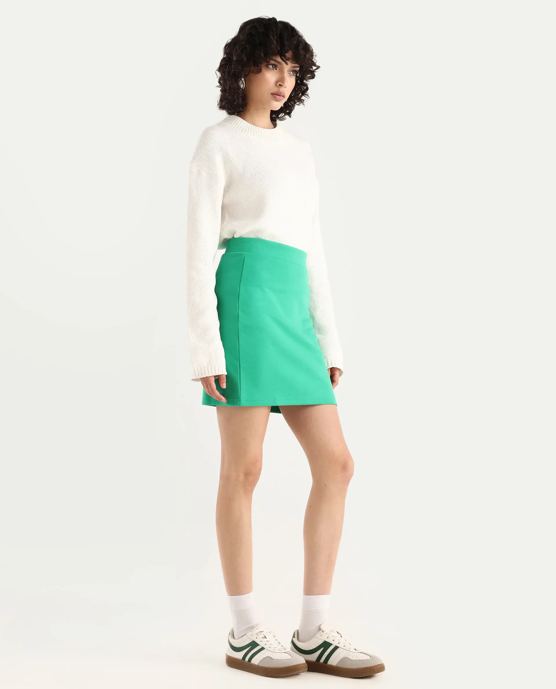 Rareism Women's Afkor B Green Cotton Plain Mini Regular Fit Skirt - Image 4