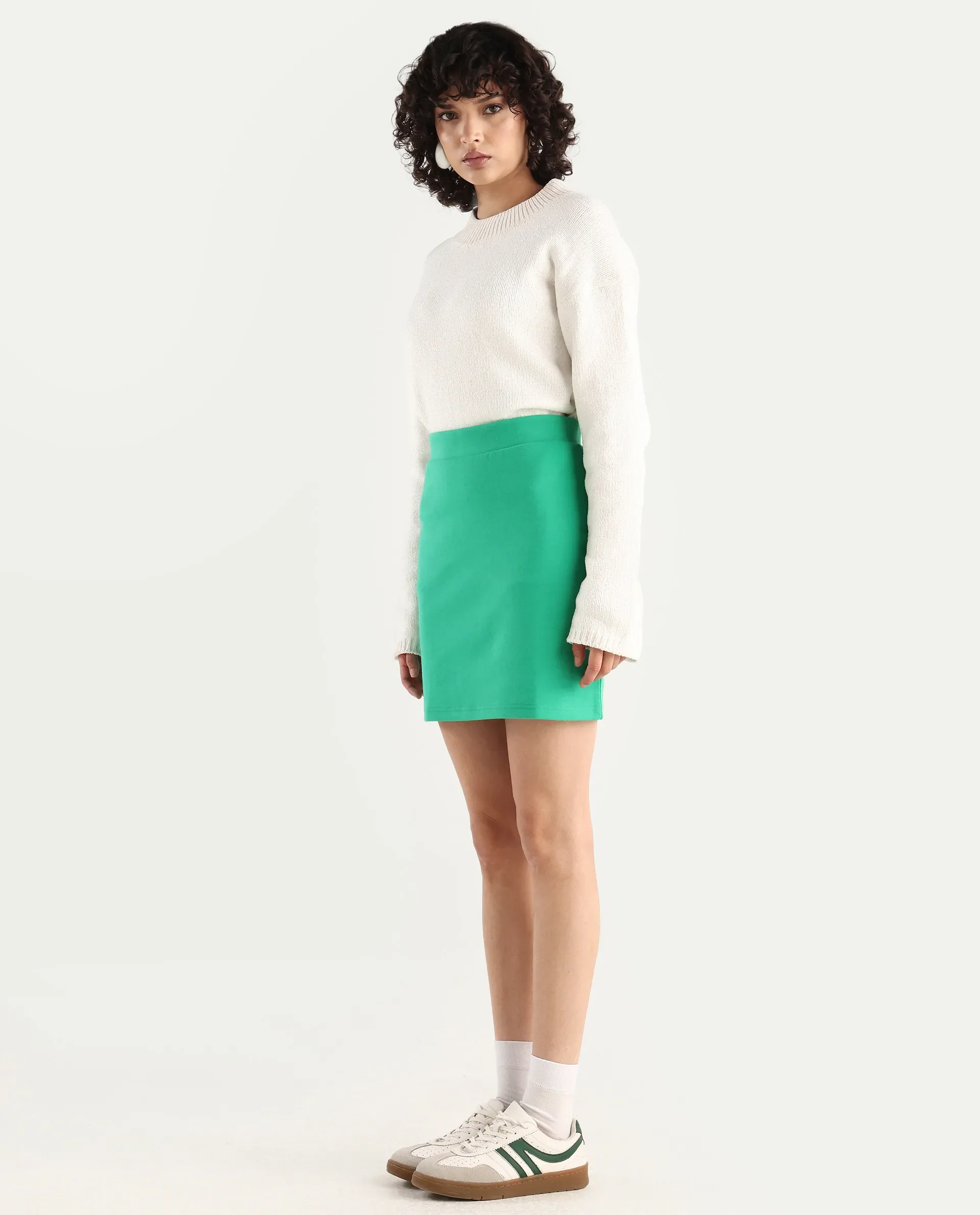 Rareism Women's Afkor B Green Cotton Plain Mini Regular Fit Skirt - Image 5
