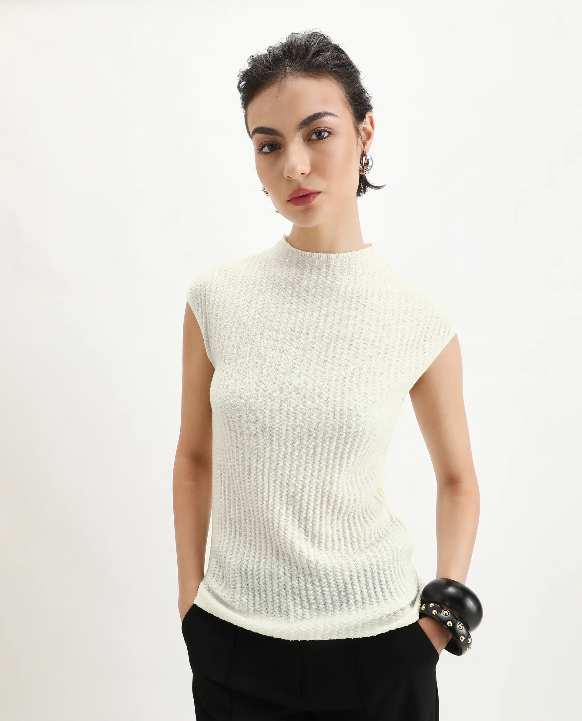 Rareism Women's Afmat Off White Acrylic High Neck Plain Sleeveless Regular Fit Top - Image 4