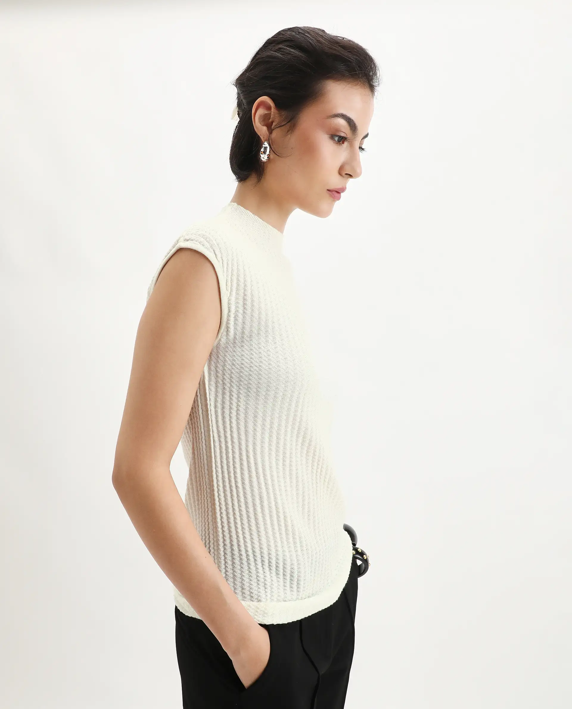 Rareism Women's Afmat Off White Acrylic High Neck Plain Sleeveless Regular Fit Top - Image 5