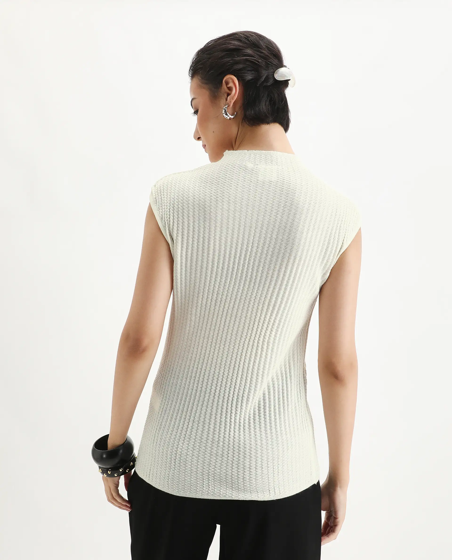 Rareism Women's Afmat Off White Acrylic High Neck Plain Sleeveless Regular Fit Top - Image 6