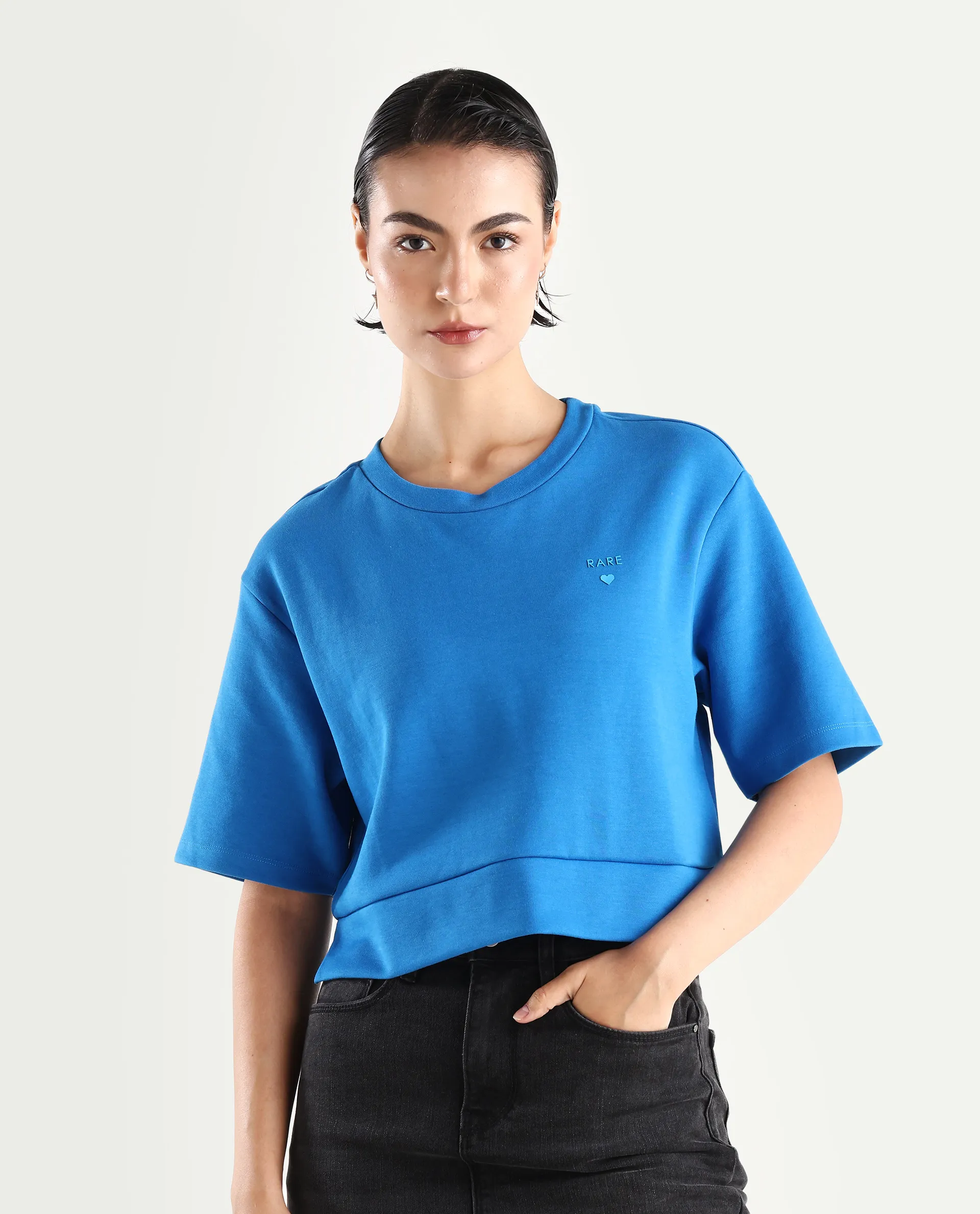 Rareism Women's Afrib Blue Cotton Blend Crew Neck Plain Crop Regular Fit T-Shirt - Image 2