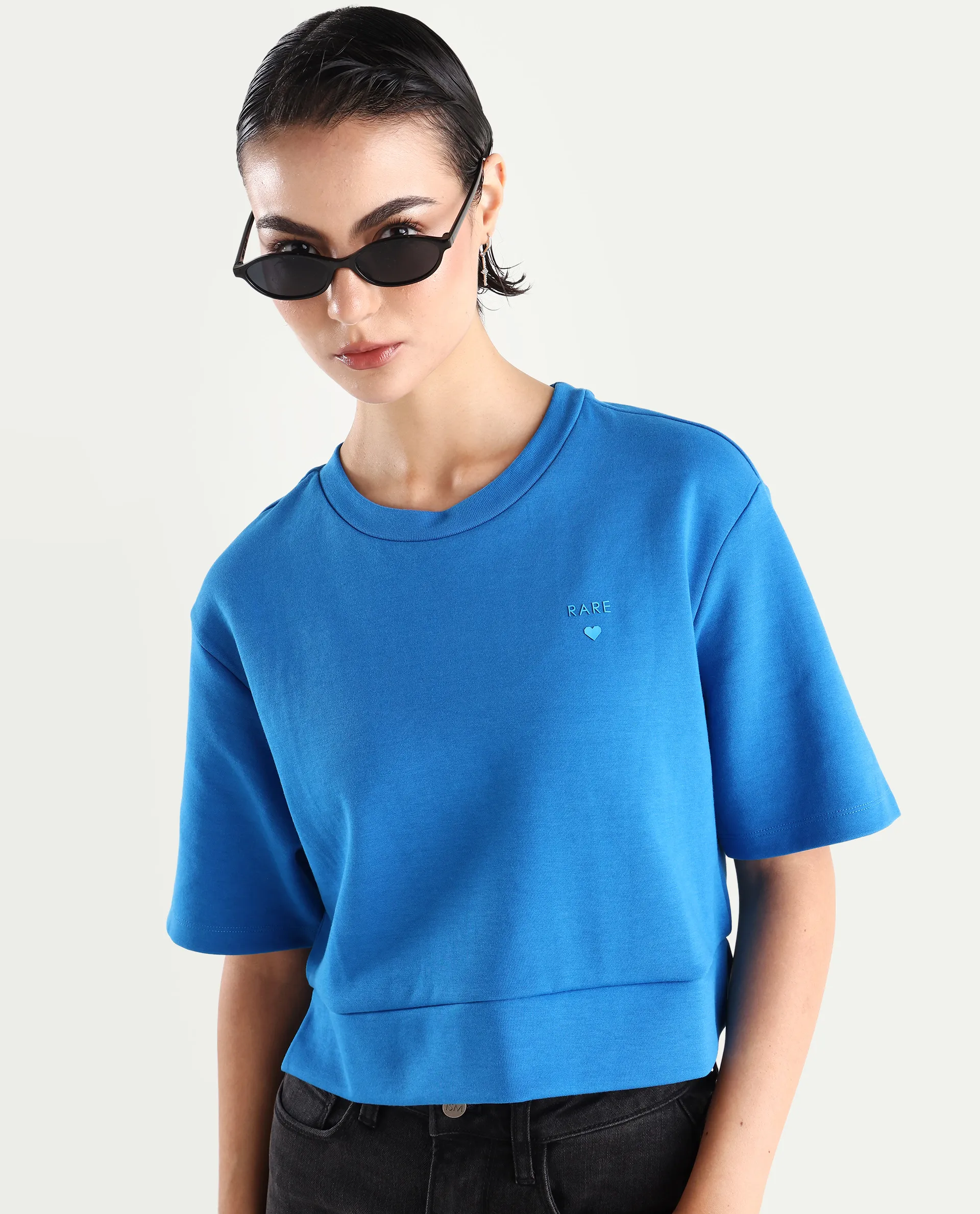 Rareism Women's Afrib Blue Cotton Blend Crew Neck Plain Crop Regular Fit T-Shirt - Image 3
