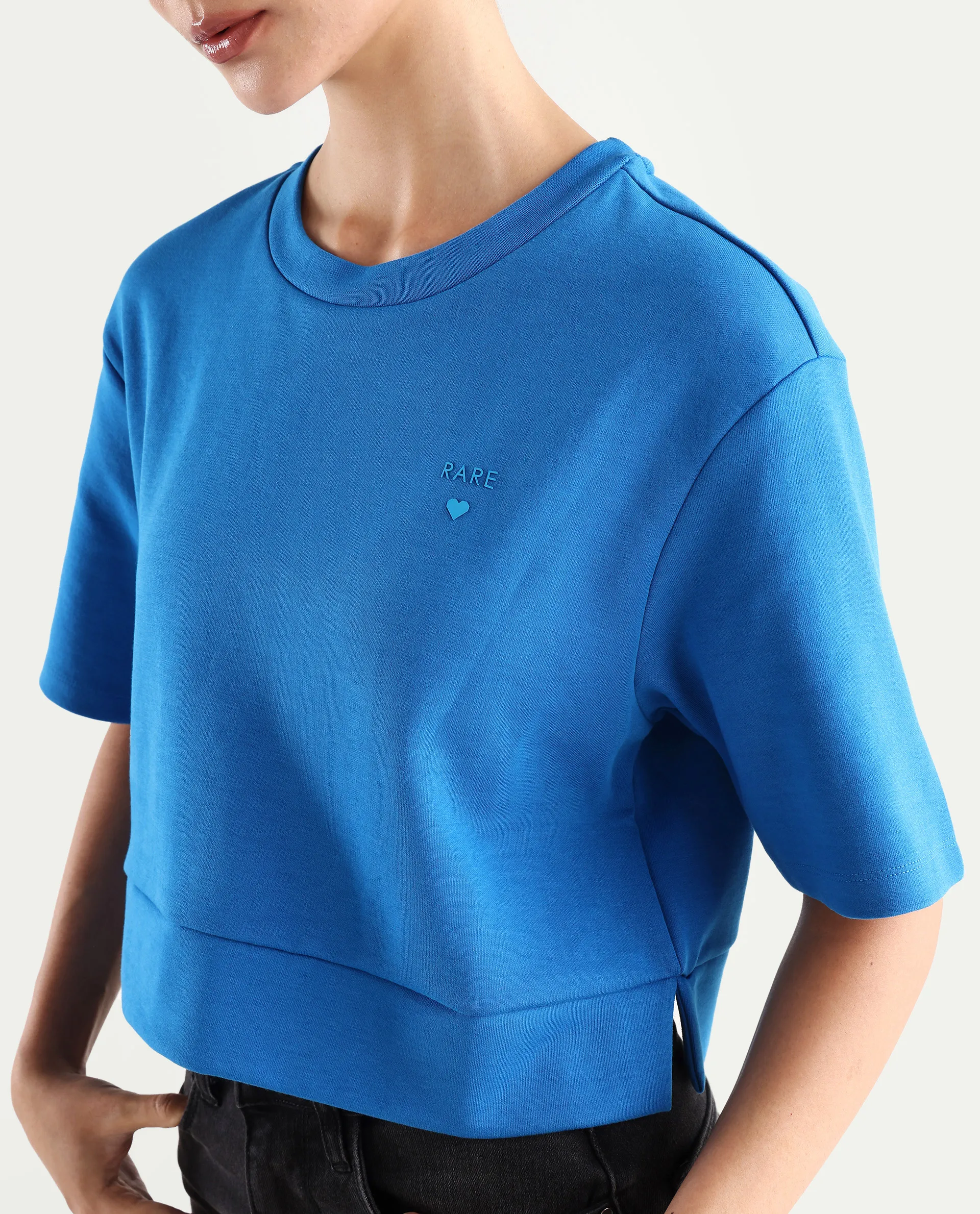 Rareism Women's Afrib Blue Cotton Blend Crew Neck Plain Crop Regular Fit T-Shirt - Image 4