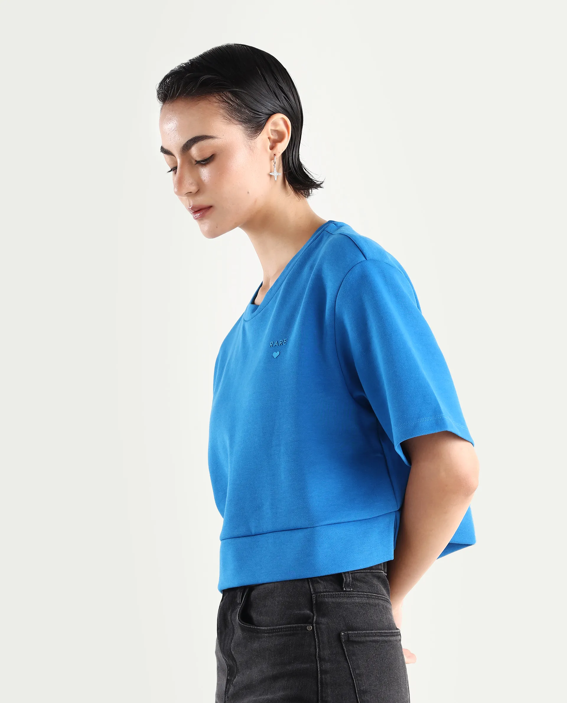 Rareism Women's Afrib Blue Cotton Blend Crew Neck Plain Crop Regular Fit T-Shirt - Image 5